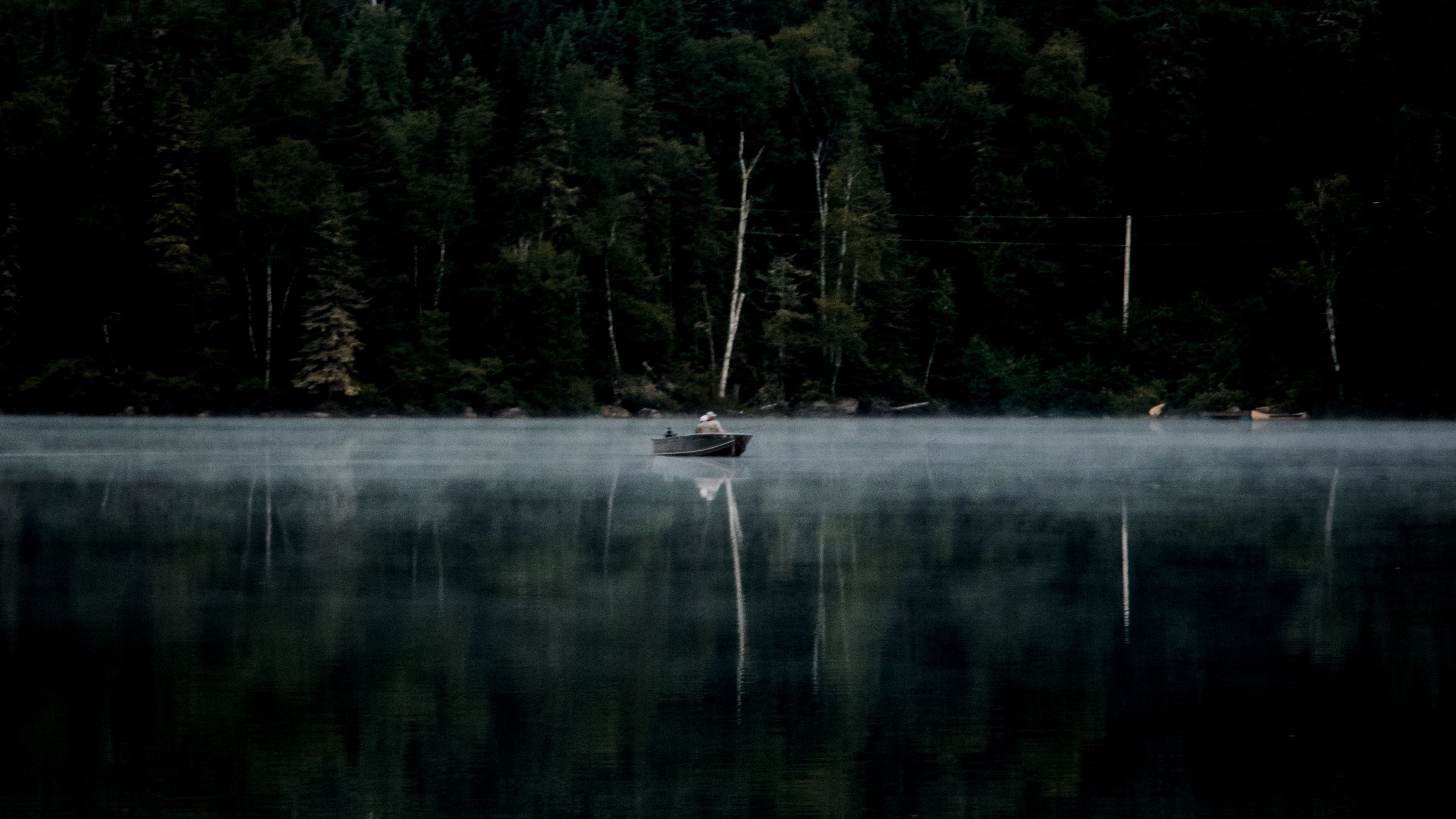 forest, fog, river, boat, 4k, HD Wallpaper