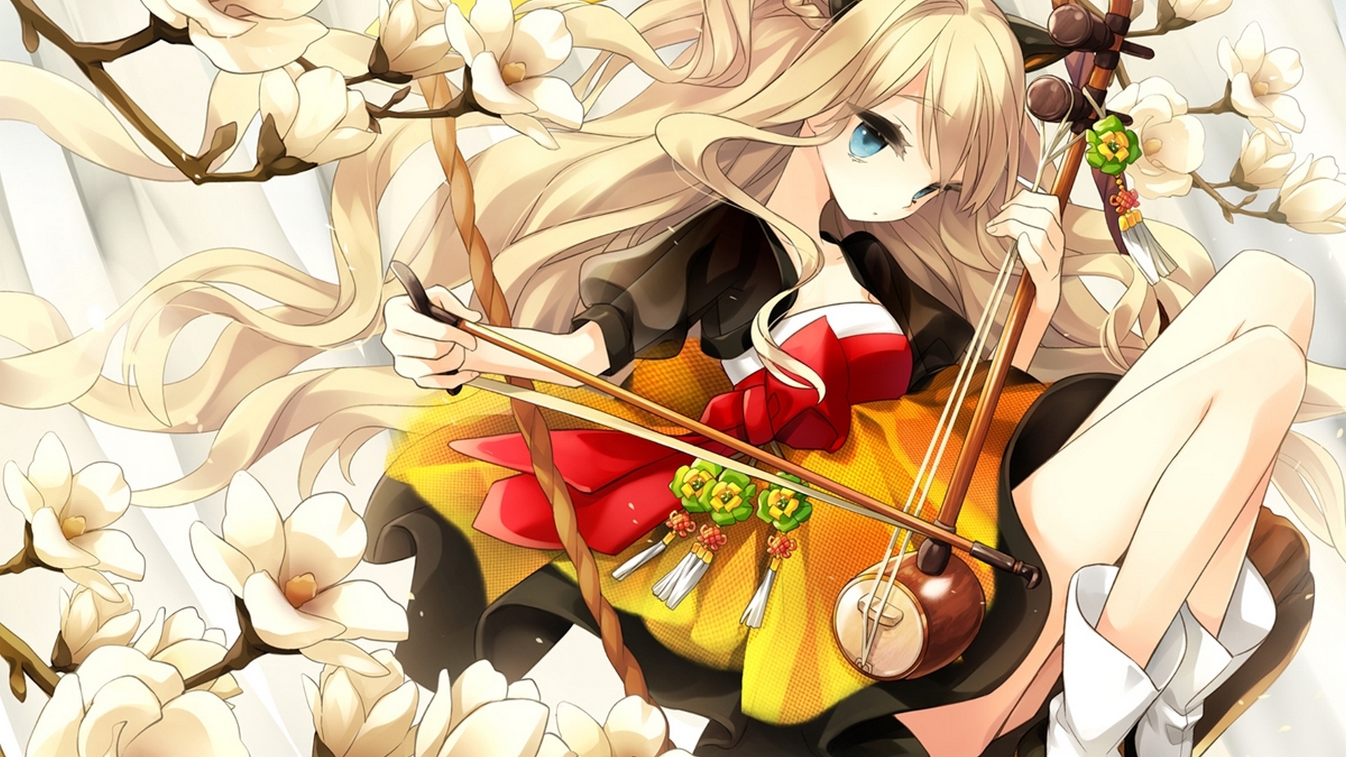 red, magnolia, manga, yellow, song, tree, instrument, girl, anime, flower, HD Wallpaper