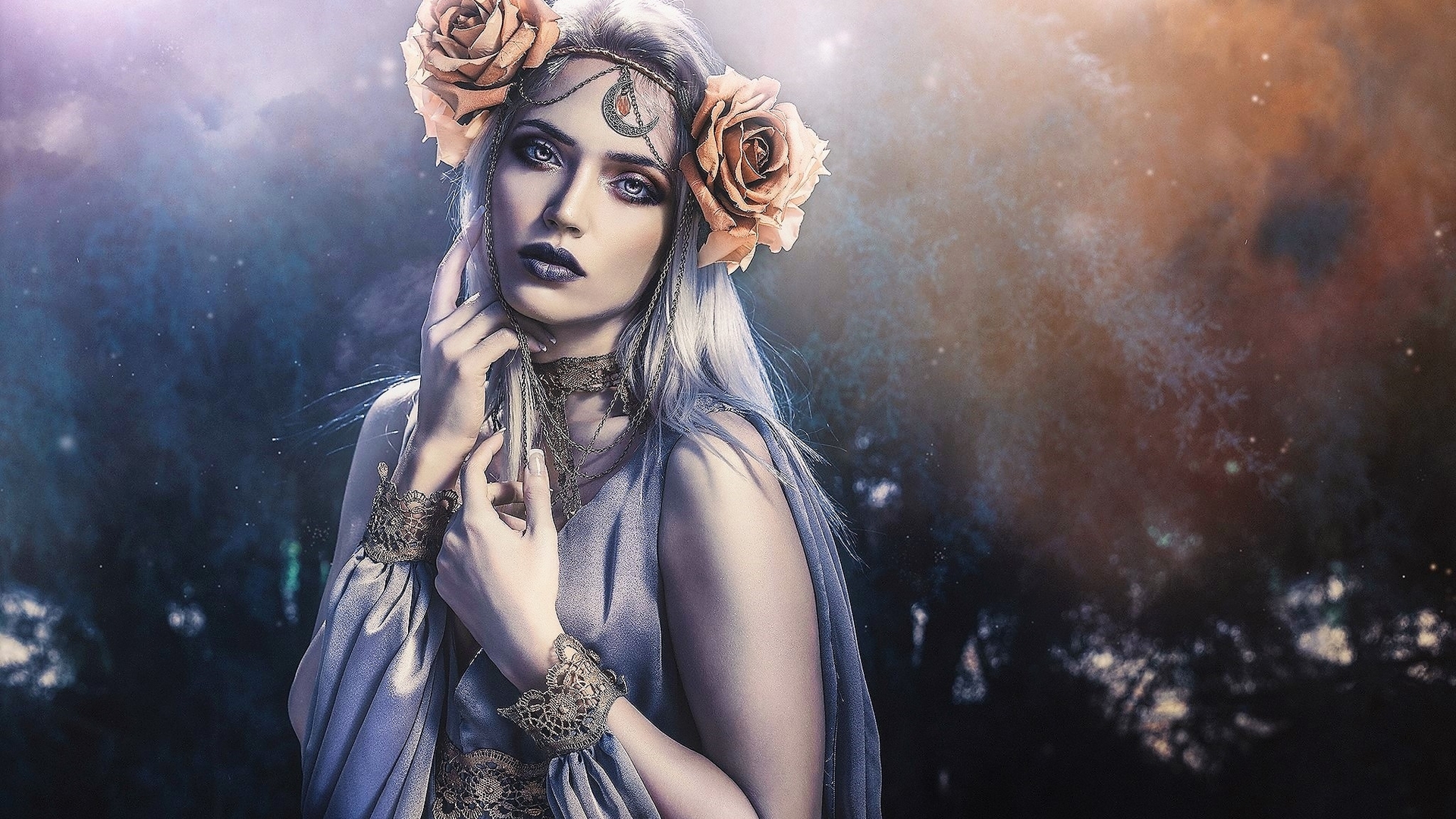 frumusete, luna, orange, rose, luminis, woman, fantasy, moon, girl, hand, beauty, rebeca saray, blue, HD Wallpaper