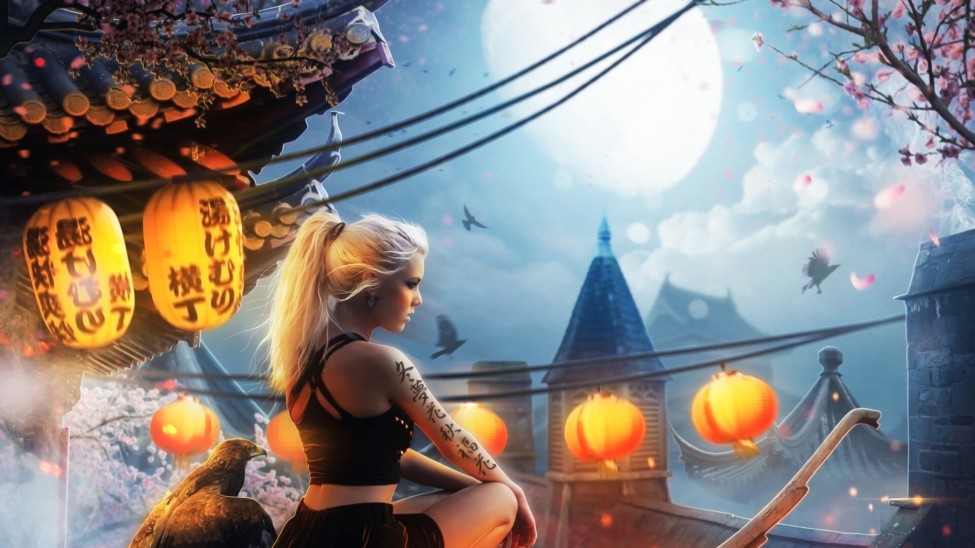 eagle, pasari, night, hosne qanadelo, roof, luna, lantern, moon, fantasy, bird, girl, HD Wallpaper