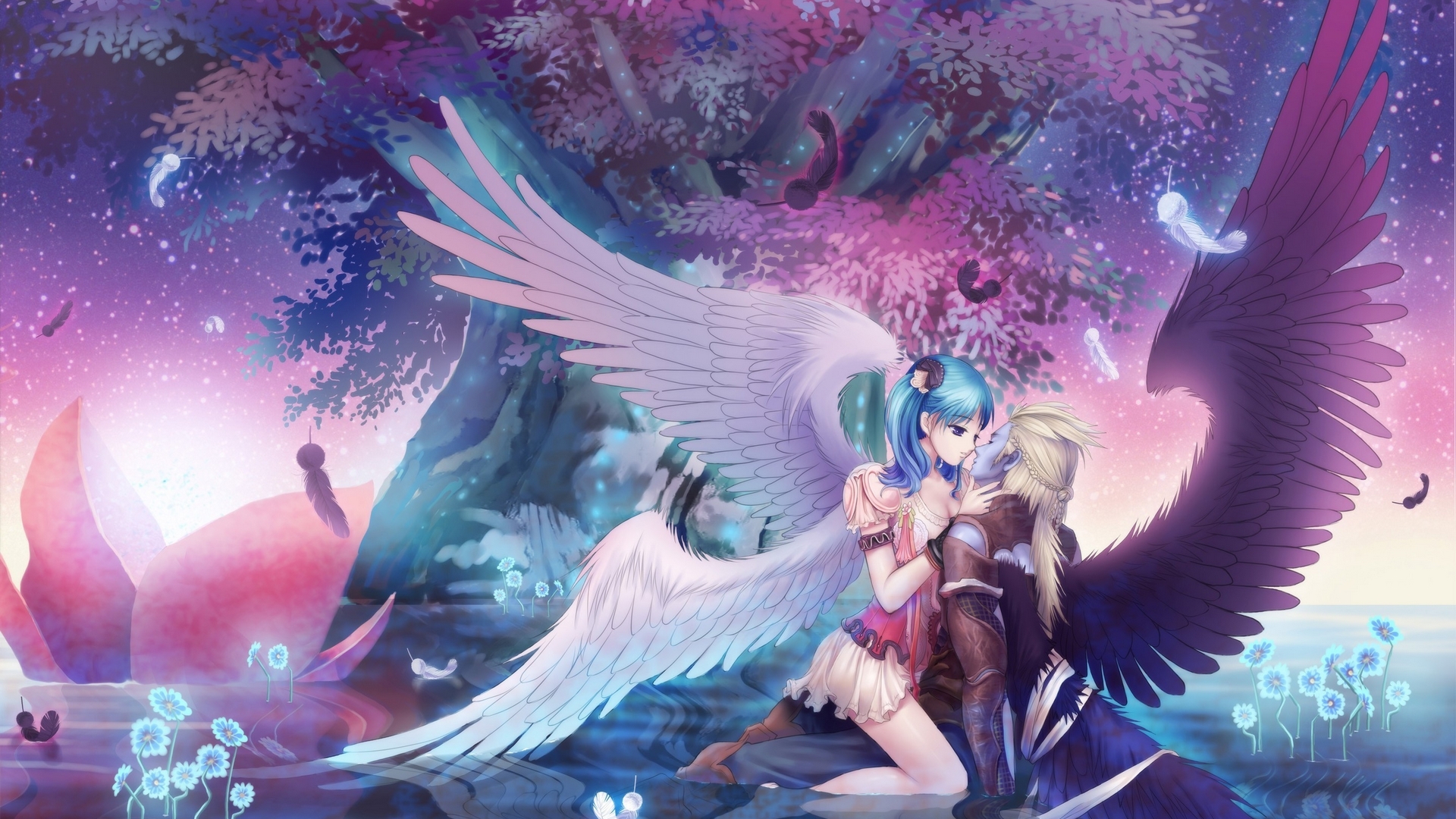 flower, tree, kiss, angel, HD Wallpaper