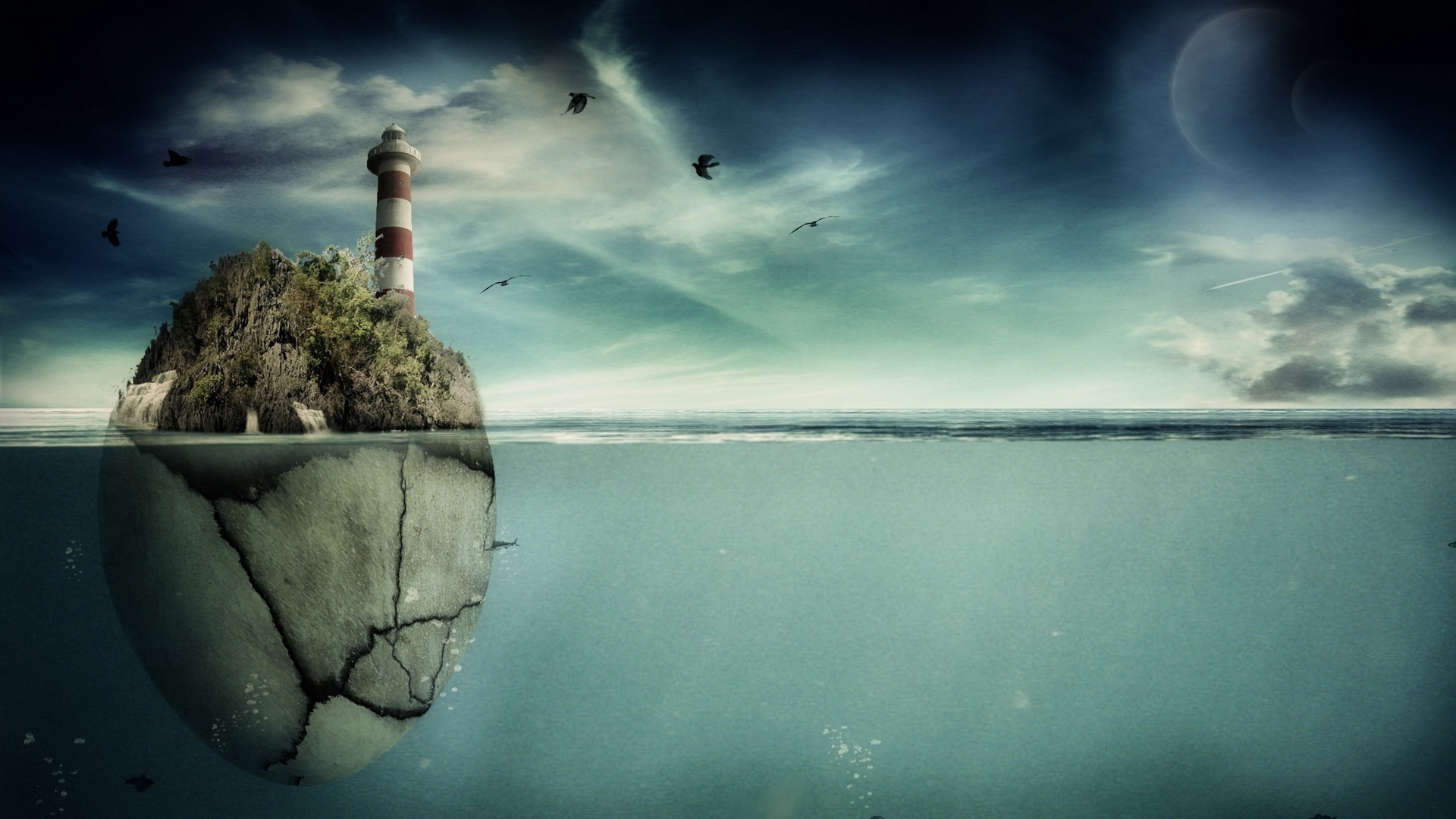 birds, island, lighthouse, ocean, HD Wallpaper