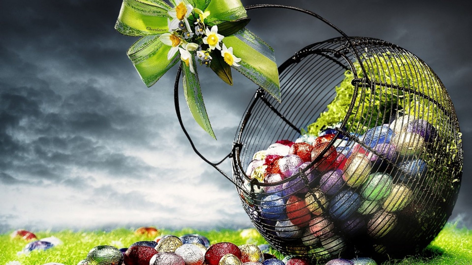 easter, grass, eggs, happy, clouds, chocholate, HD Wallpaper