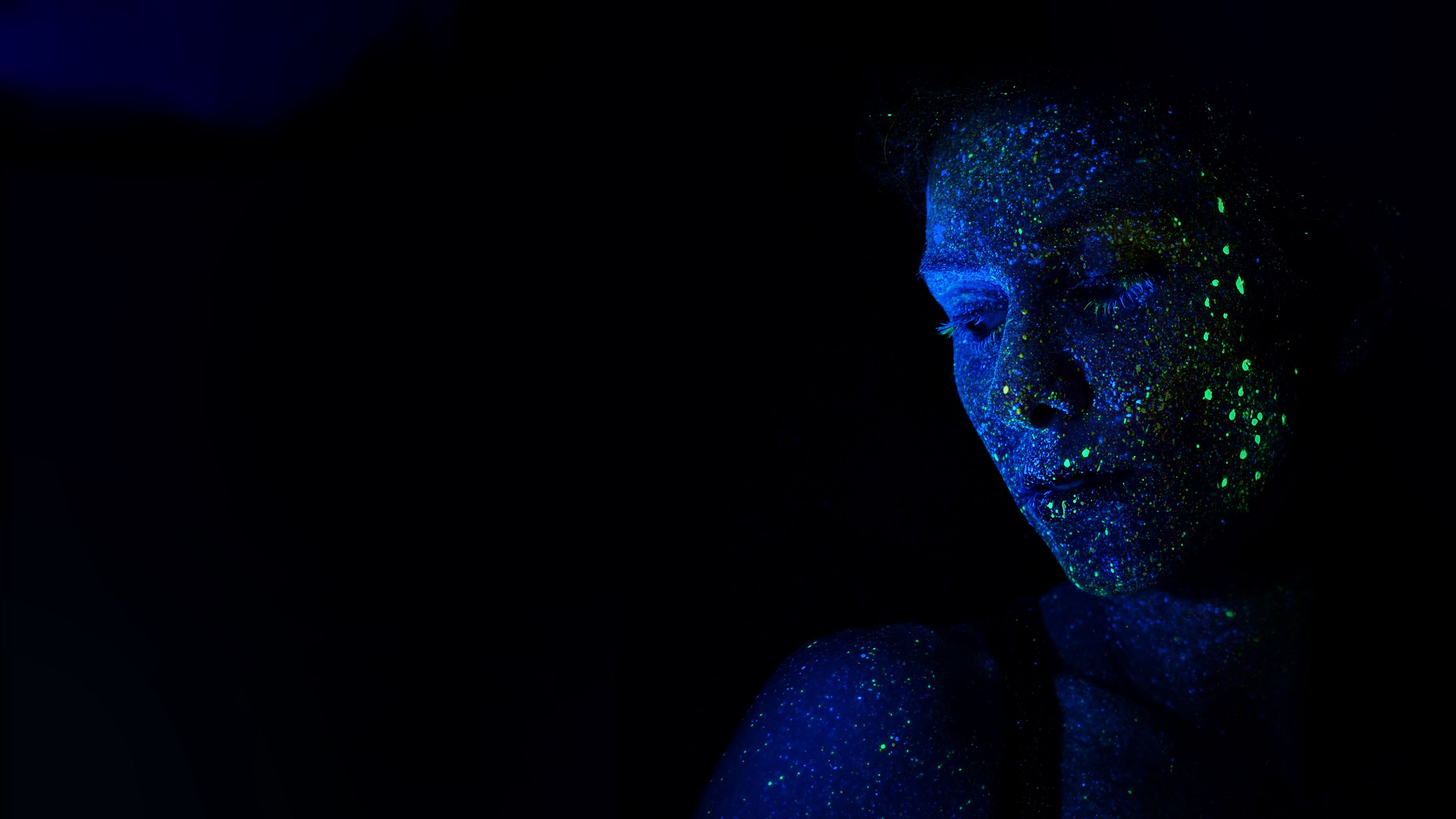 face, sequins, makeup, ultraviolet, glow, shine, shiny, 4k, HD Wallpaper