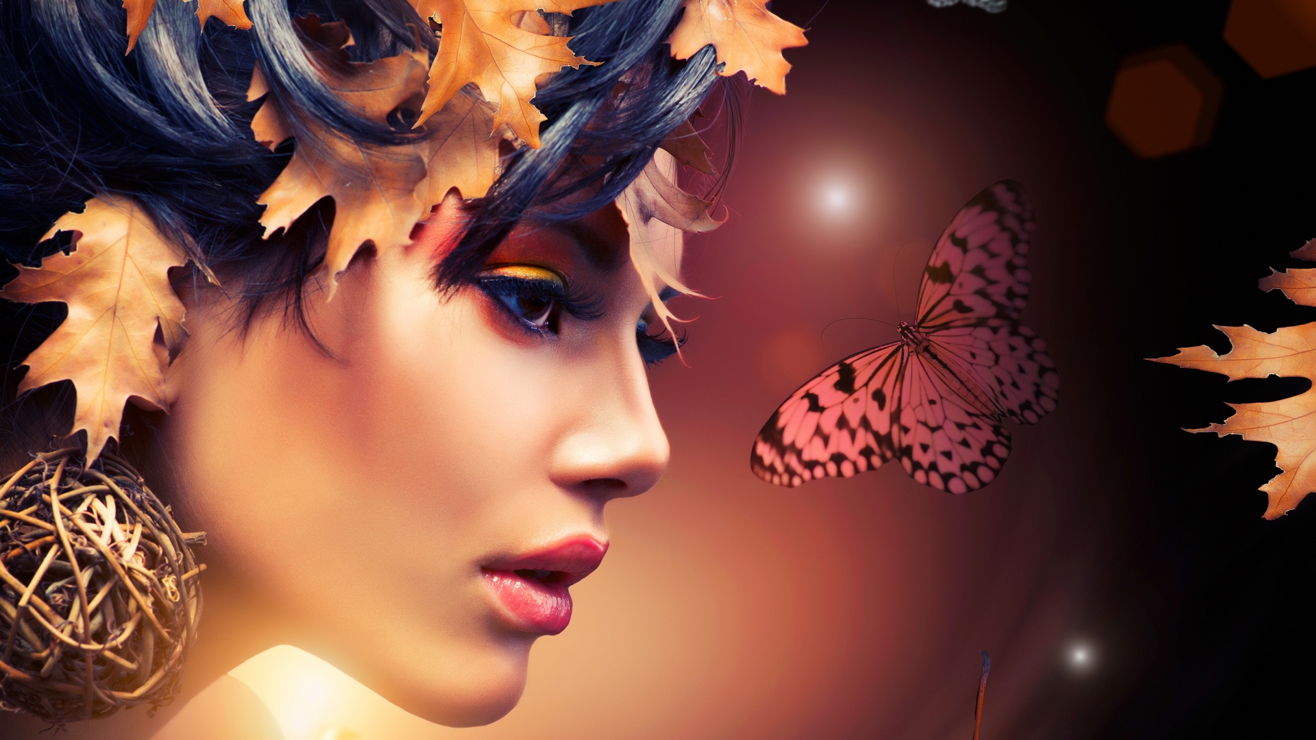 girl, leaves, makeup, butterfly, HD Wallpaper