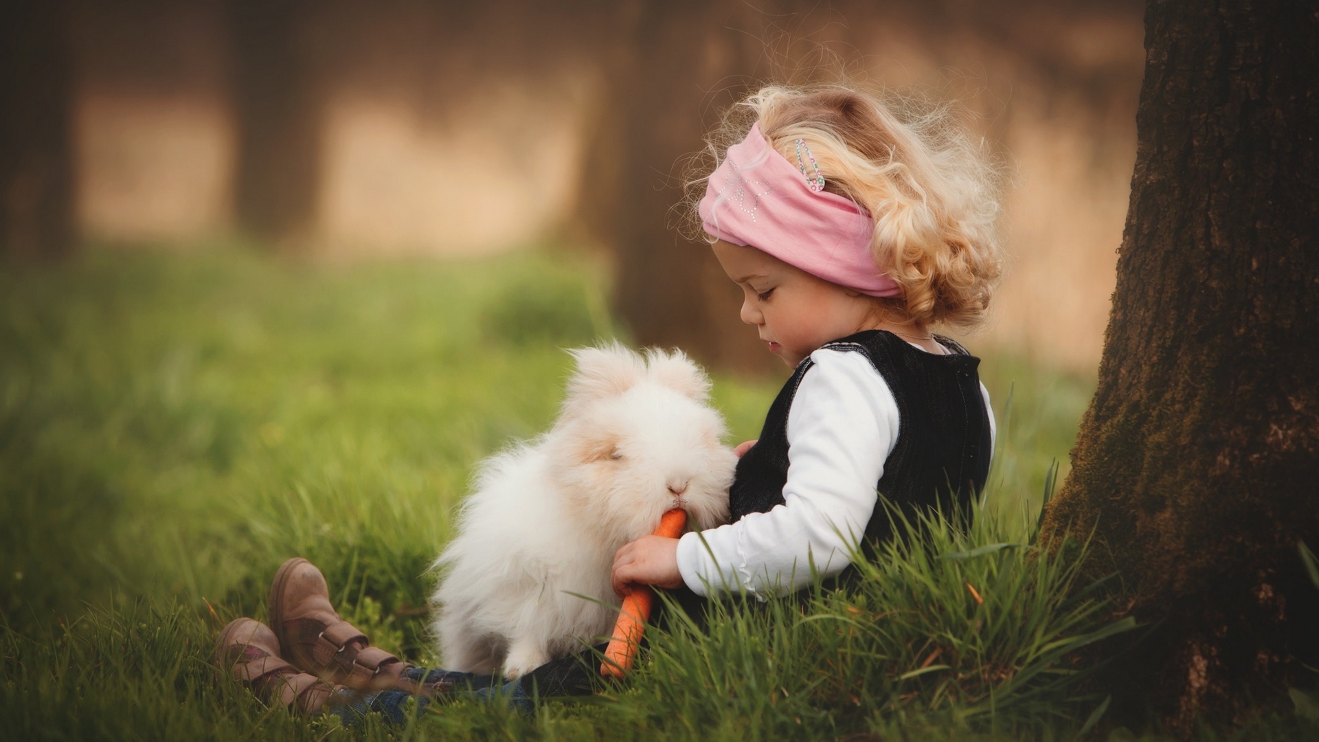girl, trunk, carrots, grass, HD Wallpaper