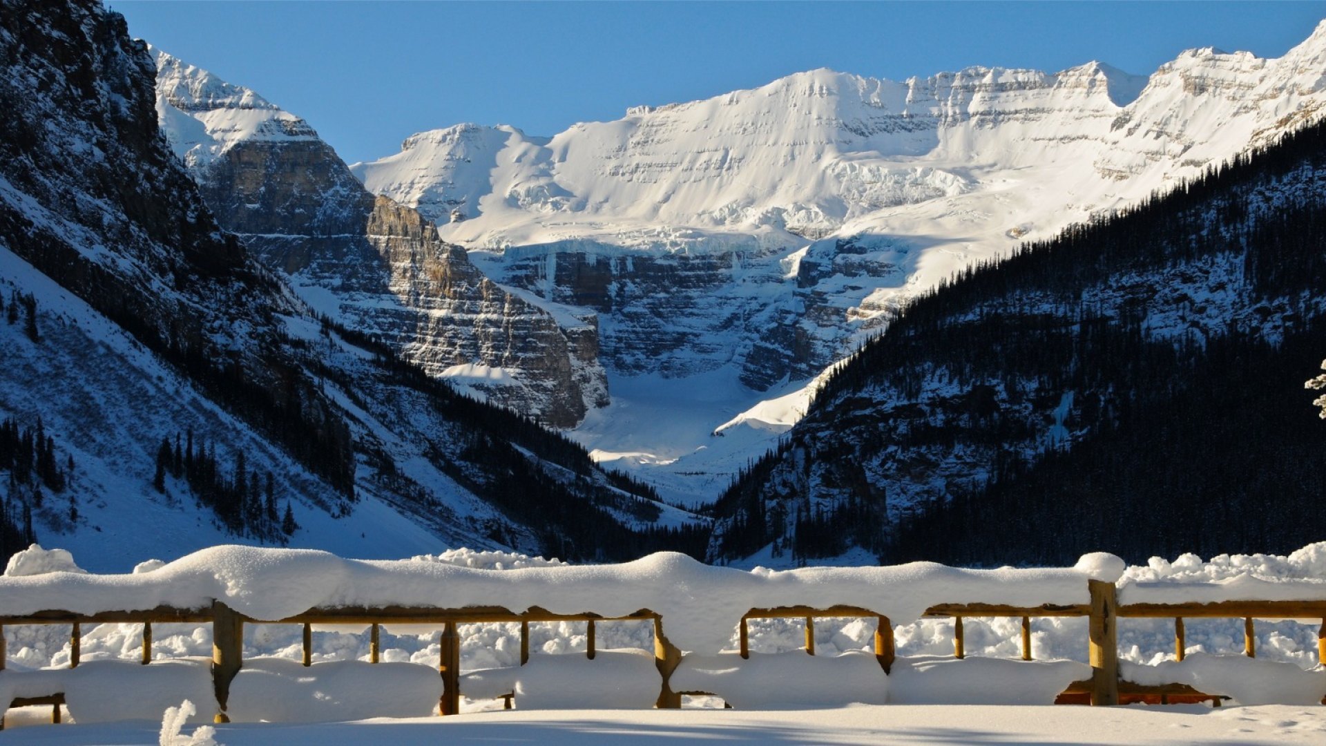mountain, rail, winter, terrace, HD Wallpaper