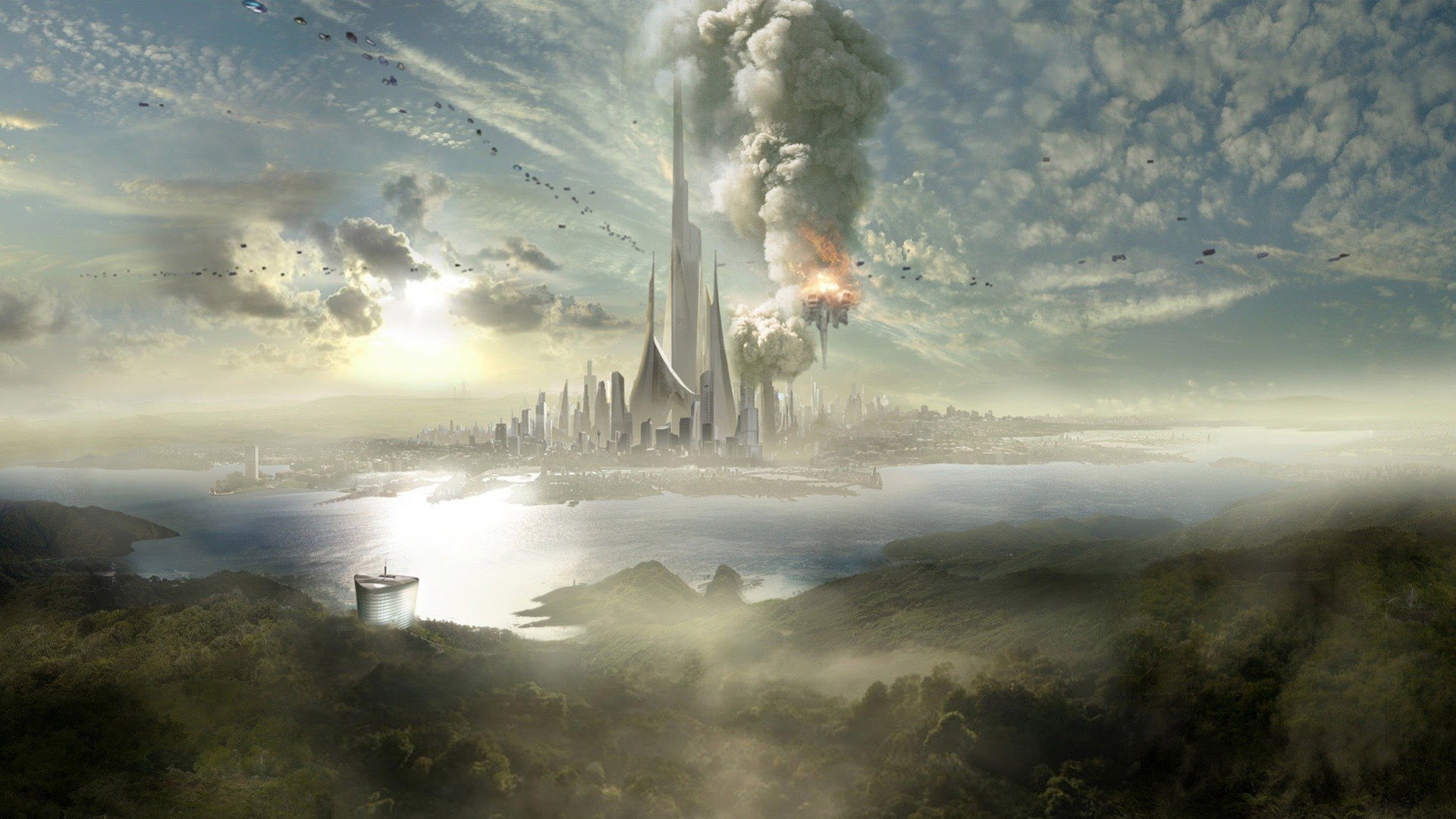 water, smoke, fantasy, city, HD Wallpaper