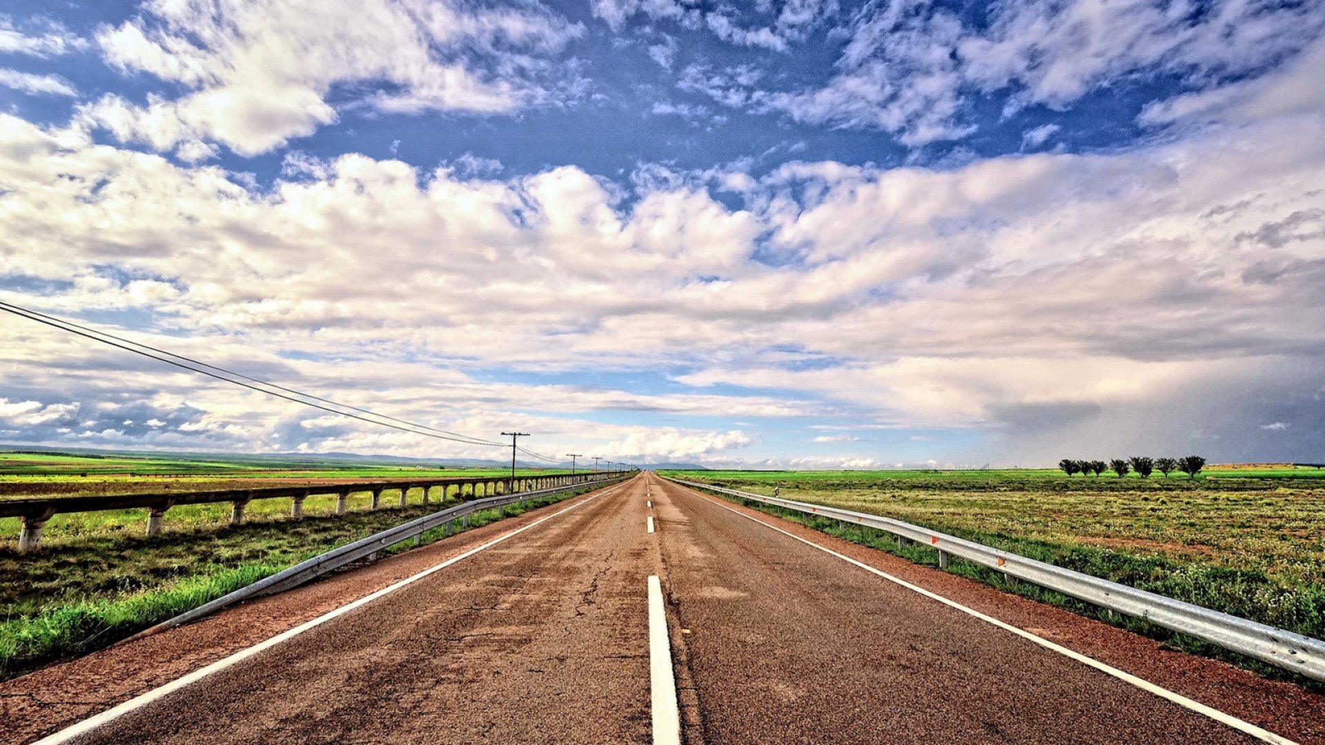 highway, straight, fields, hdr, guard rails, clouds, HD Wallpaper