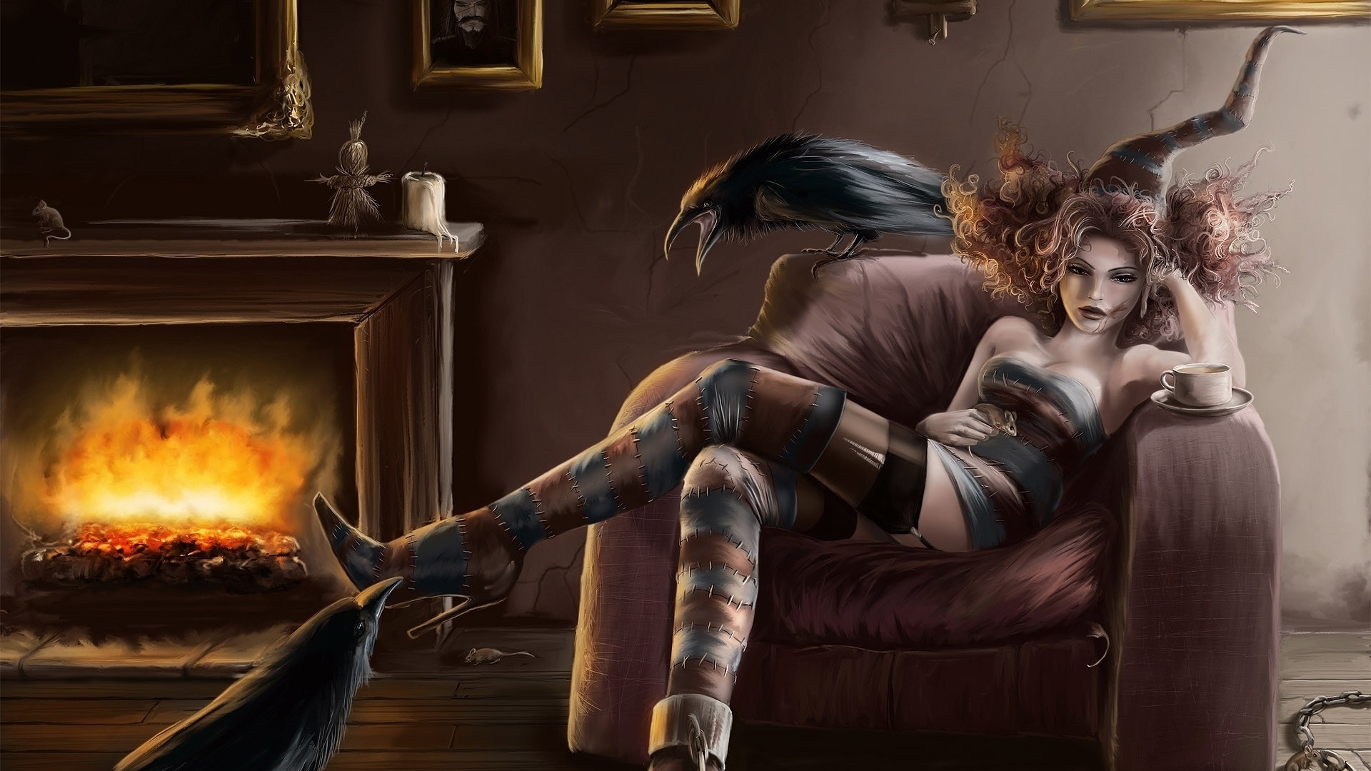 fire, witch, fantasy, raven, girl, room, crow, andy jones, cup, HD Wallpaper