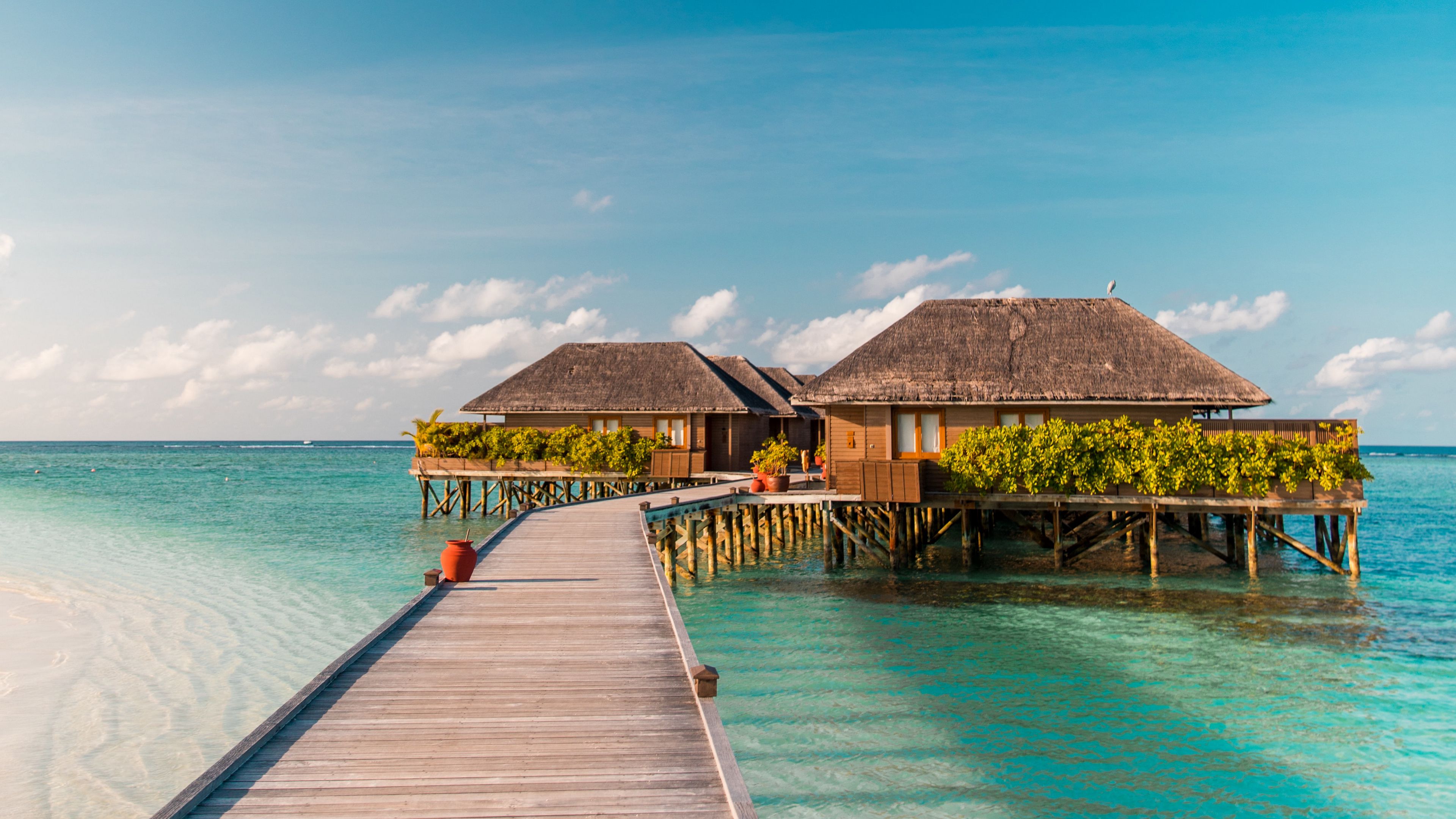 bungalow, pier, sea, summer, tropics, 4k, HD Wallpaper