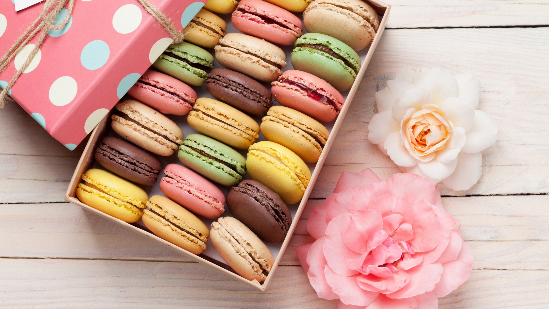 rose, food, box, macaron, sweet, dessert, flower, white, pink, wood, HD Wallpaper