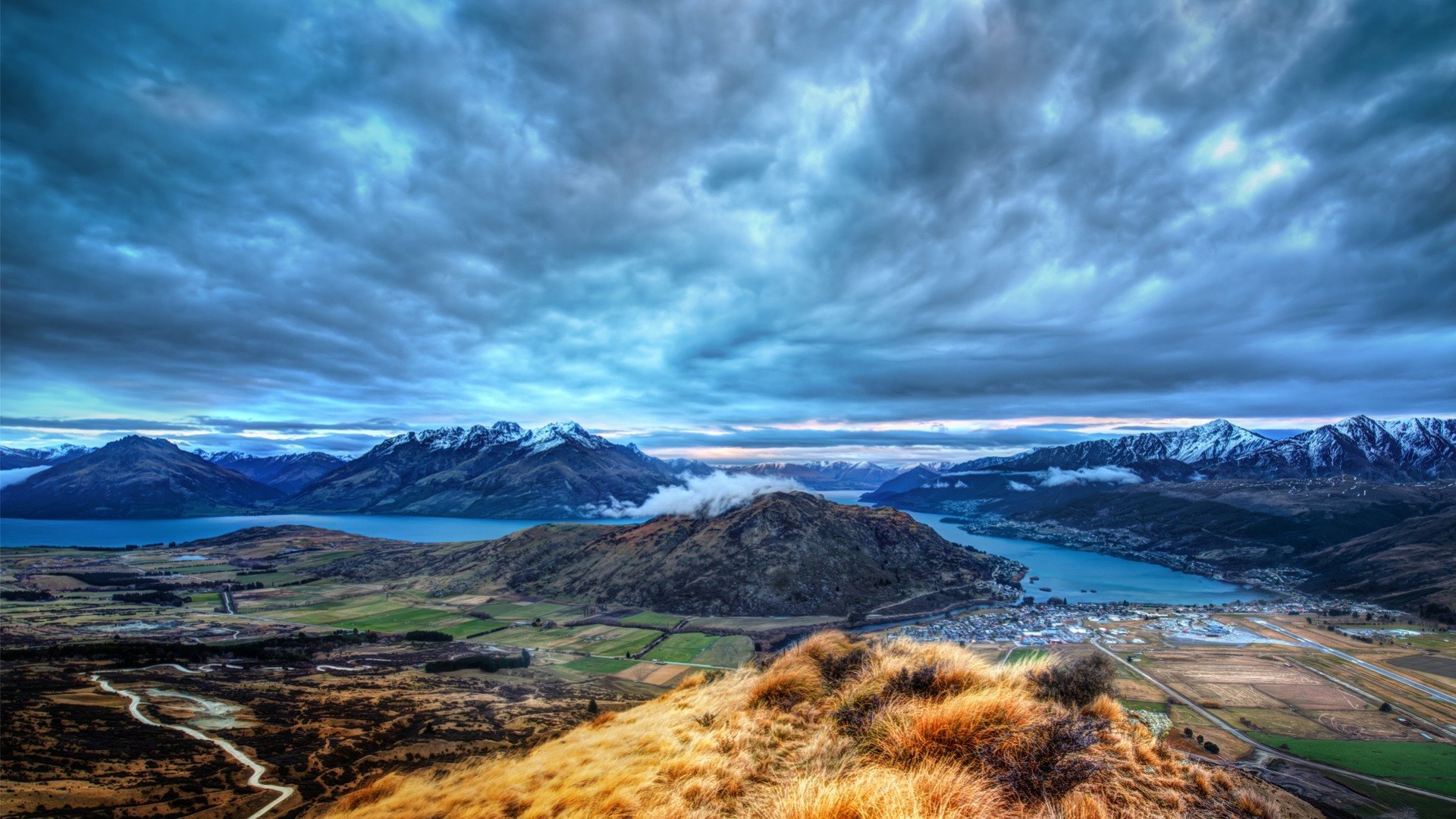 city, grass, mountains, hdr, clouds, valley, HD Wallpaper