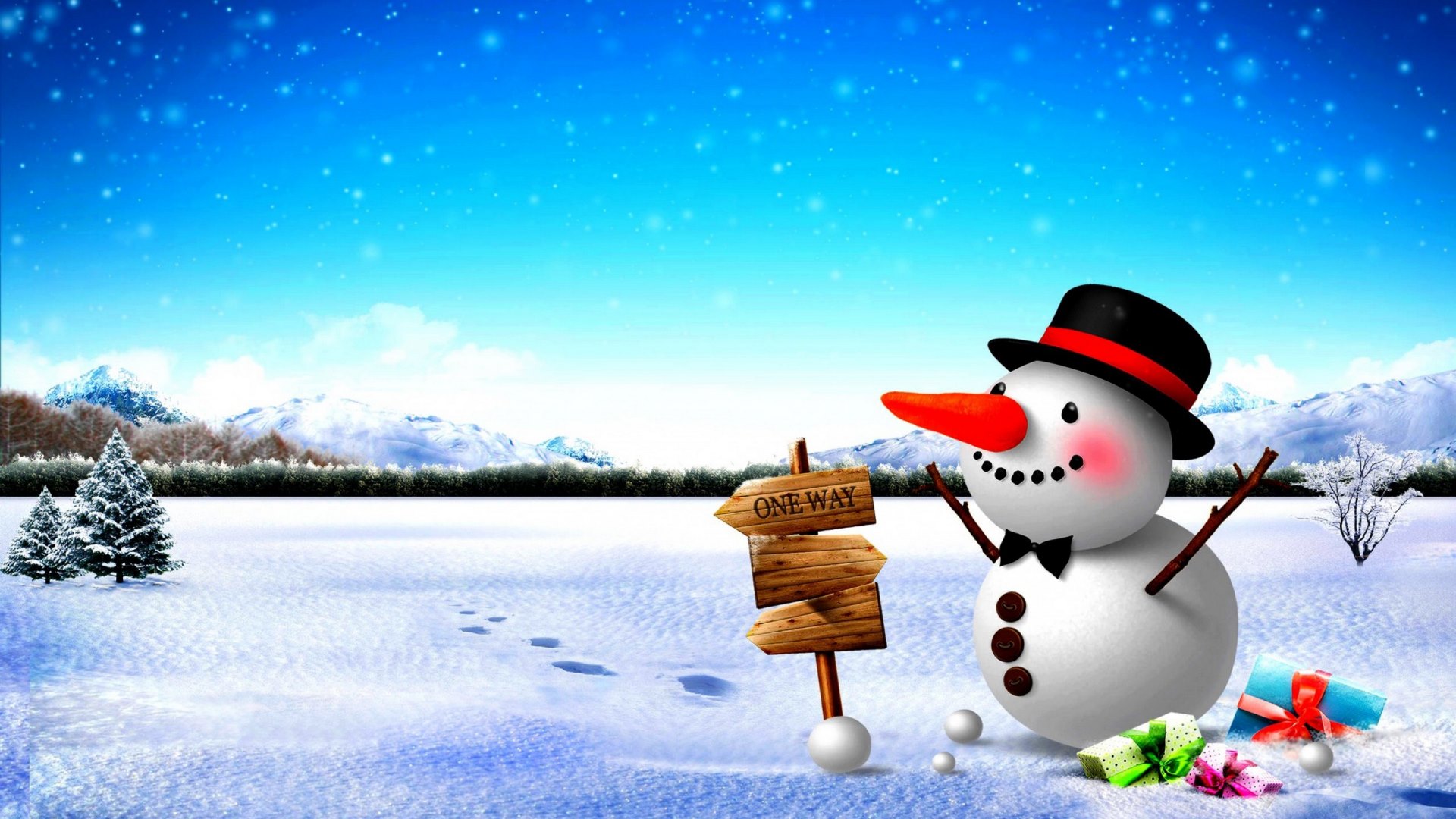 snow, presents, snowman, sign board, oneway, winter, HD Wallpaper