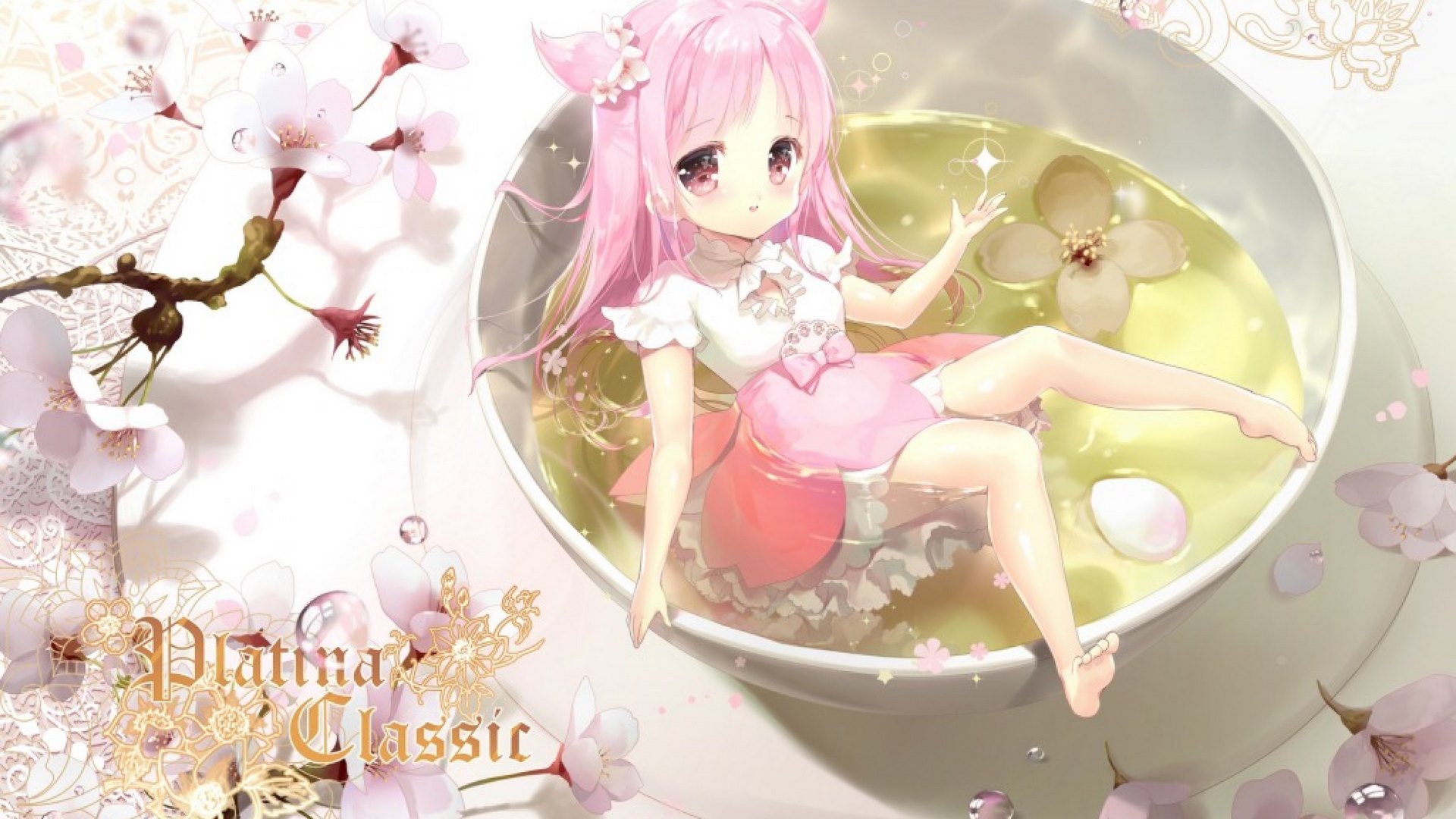 sakura, cute, art, girl, spring, orginal, petal, tea, HD Wallpaper