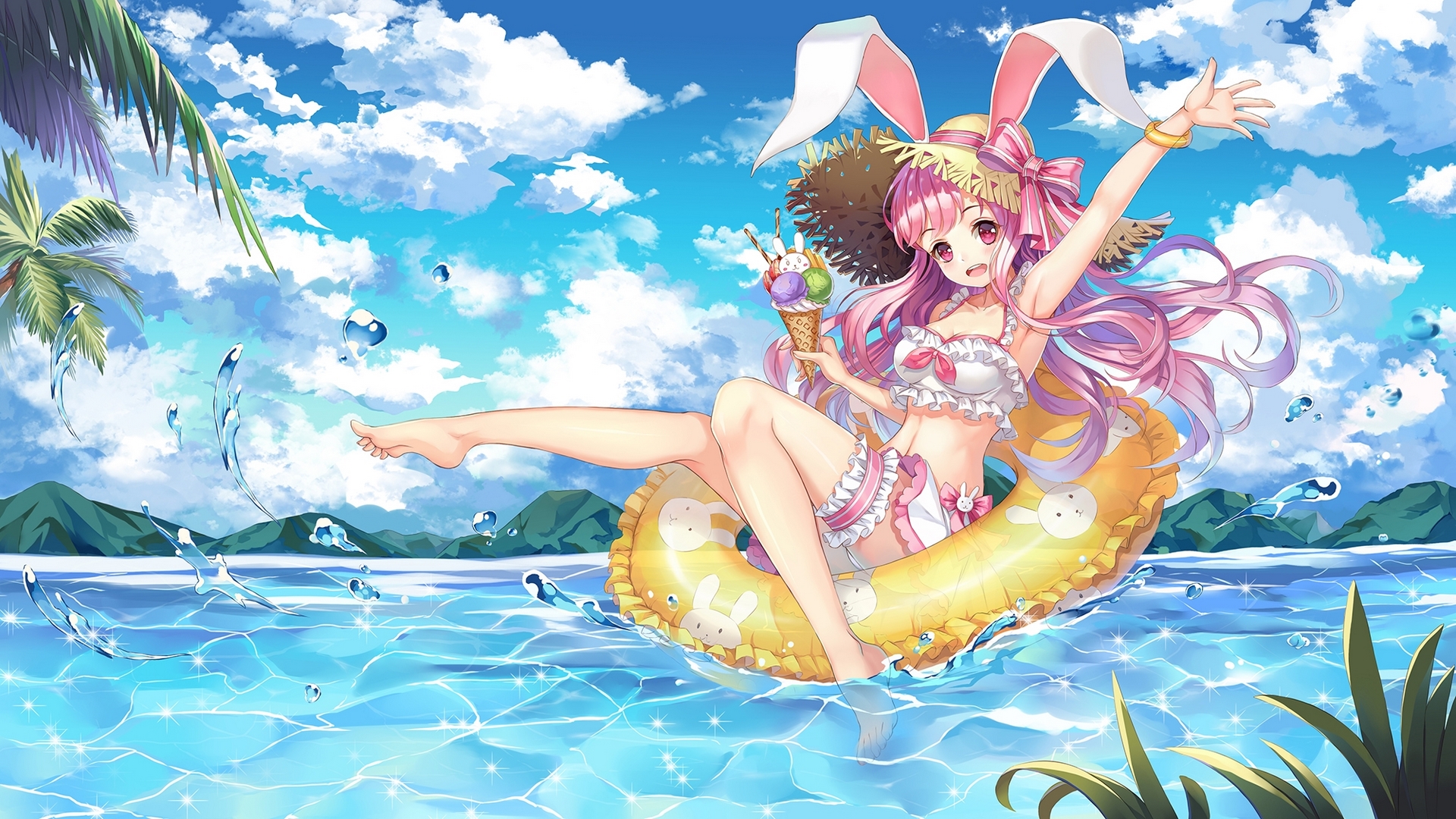 anime, yellow, summer, blue, ears, manga, water, vara, girl, ryuu32, bunny, HD Wallpaper