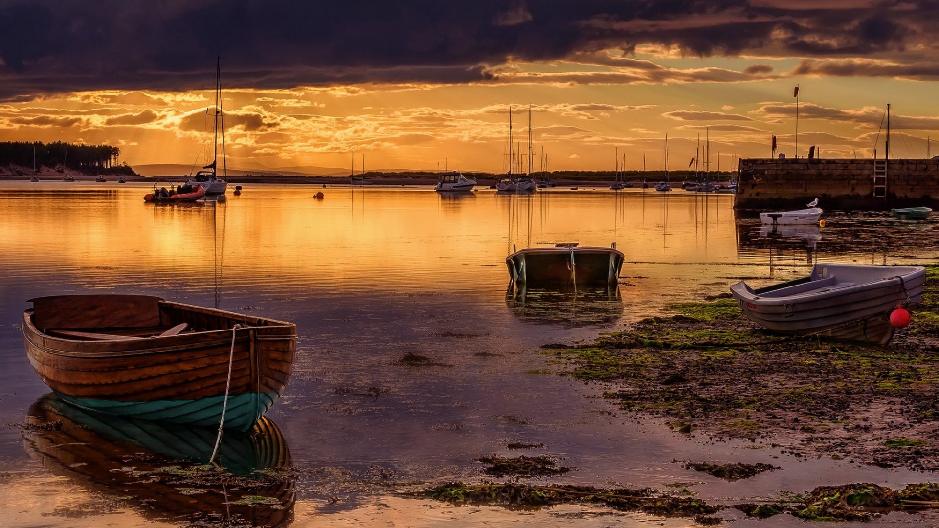 ocean, sunset, sky, clouds, sea, boats, splendor, nature, sea view, HD Wallpaper
