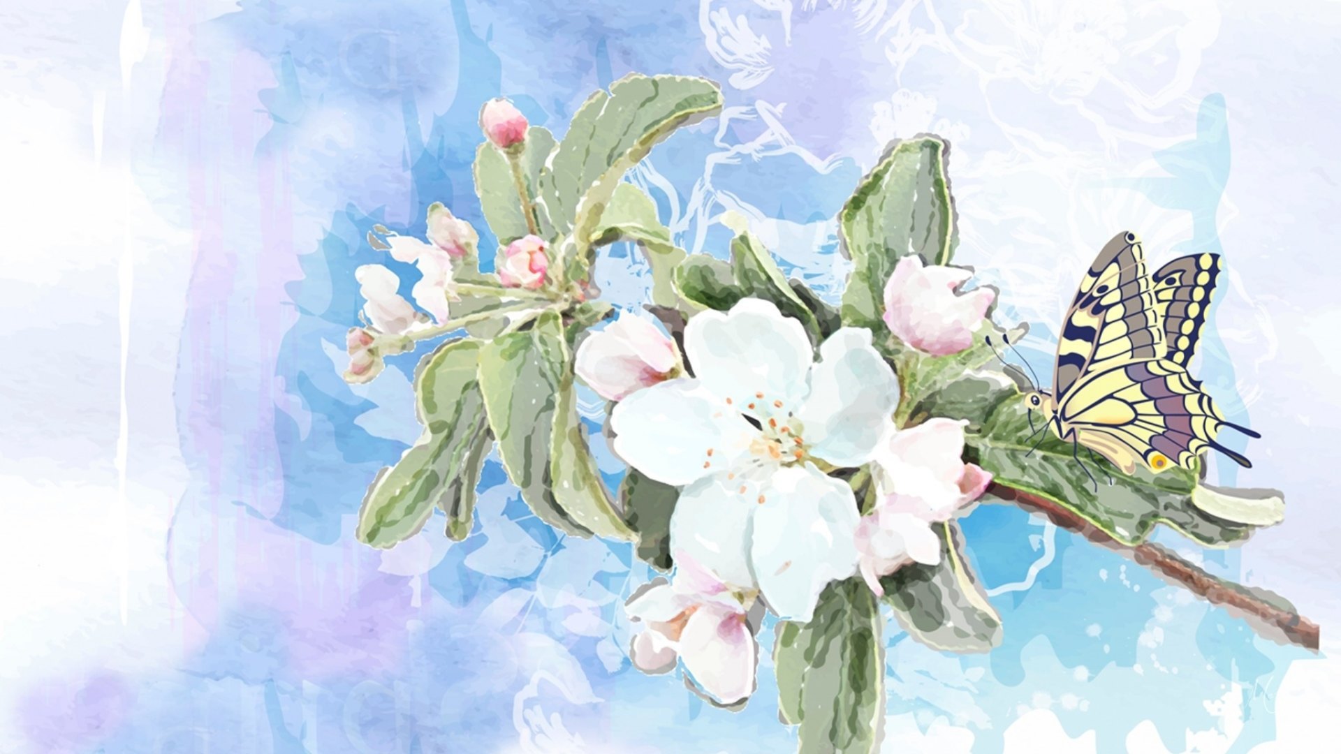 sakura, paint, pastels, spring, apple blossoms, cherry blossoms, butterfly, flowers, blooms, firefox persona theme, watercolor, HD Wallpaper