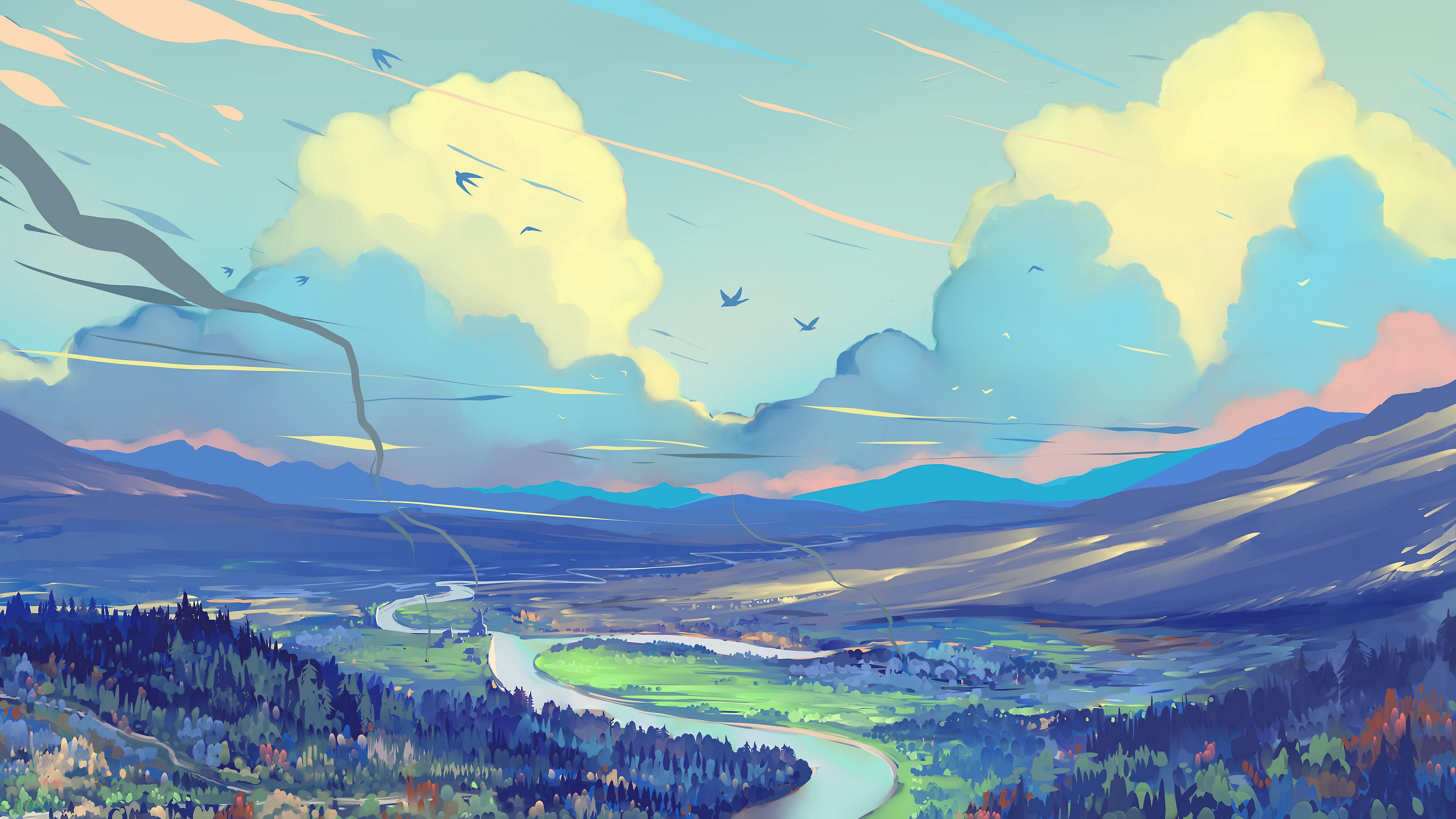 landscape, art, road, mountains, sky, 4k, HD Wallpaper