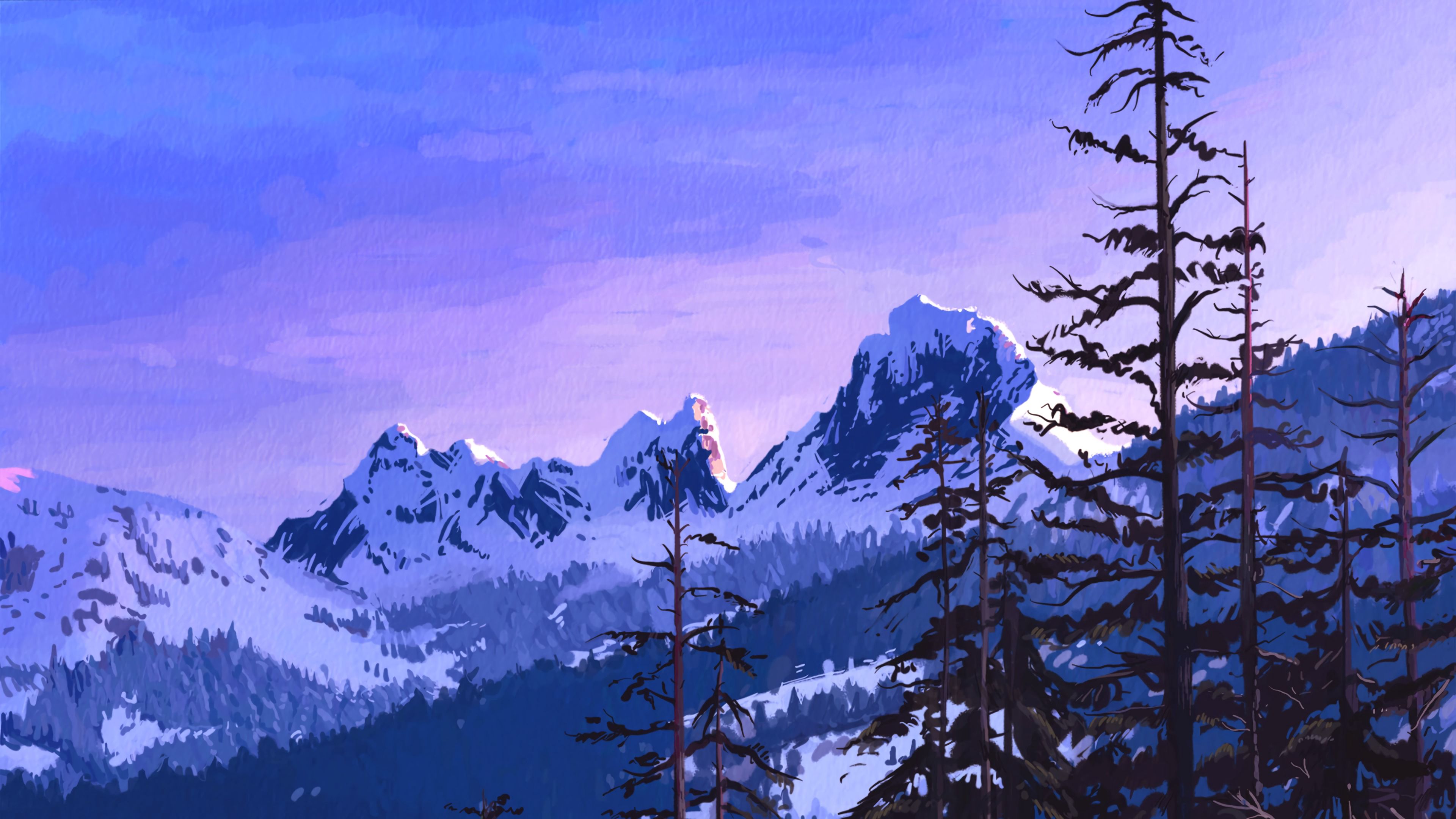 mountains, spruce, art, 4k, HD Wallpaper