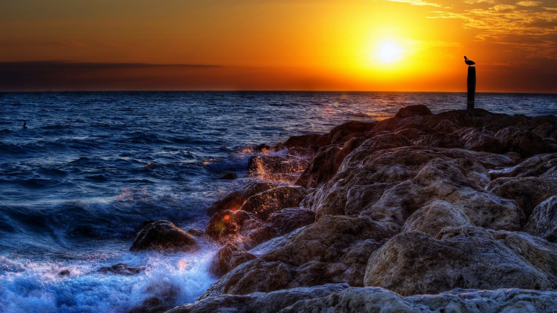 sunset, nature, rock, sea, HD Wallpaper