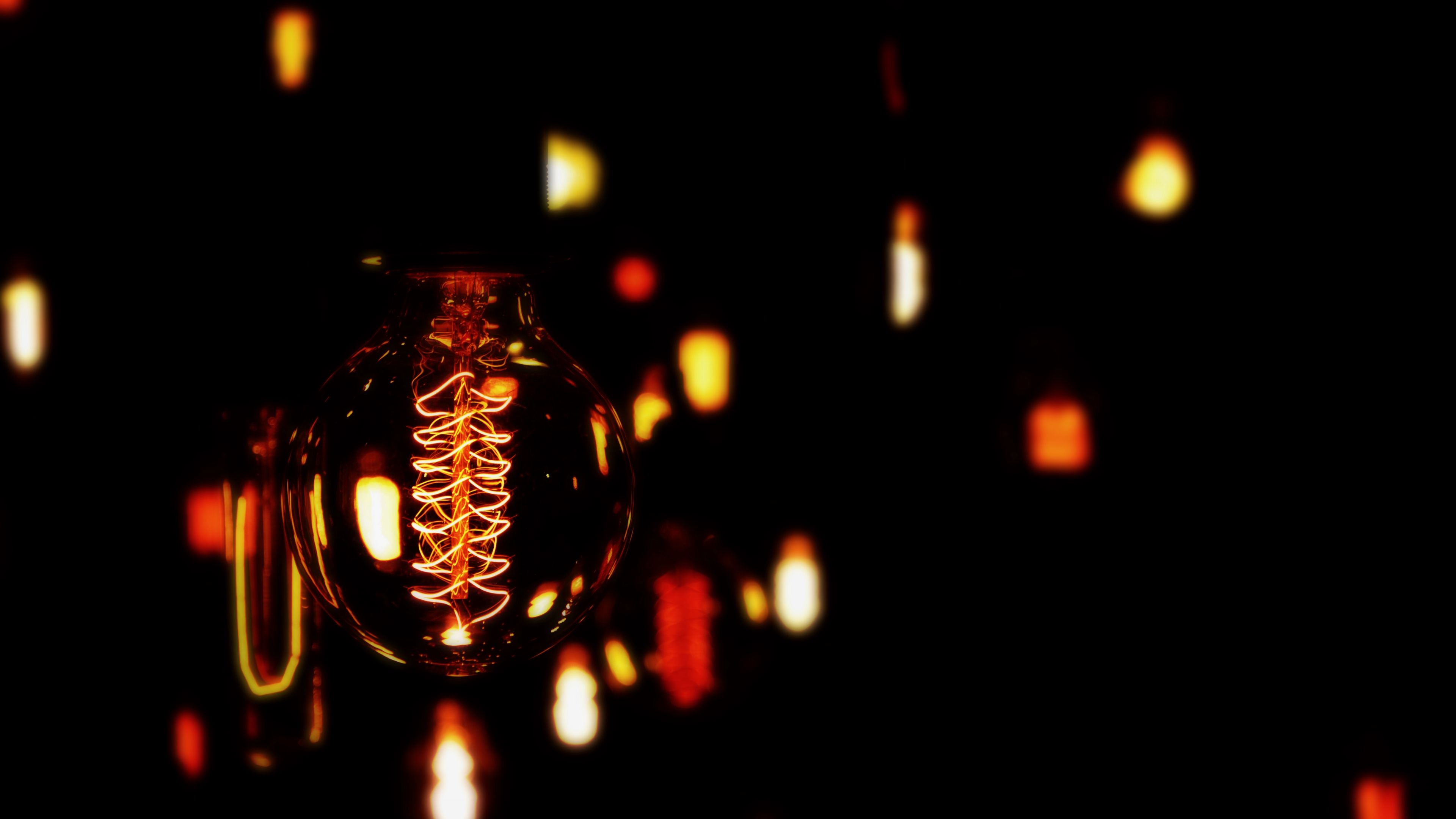 lightbulb, electricity, dark, spiral, bokeh, 4k, HD Wallpaper