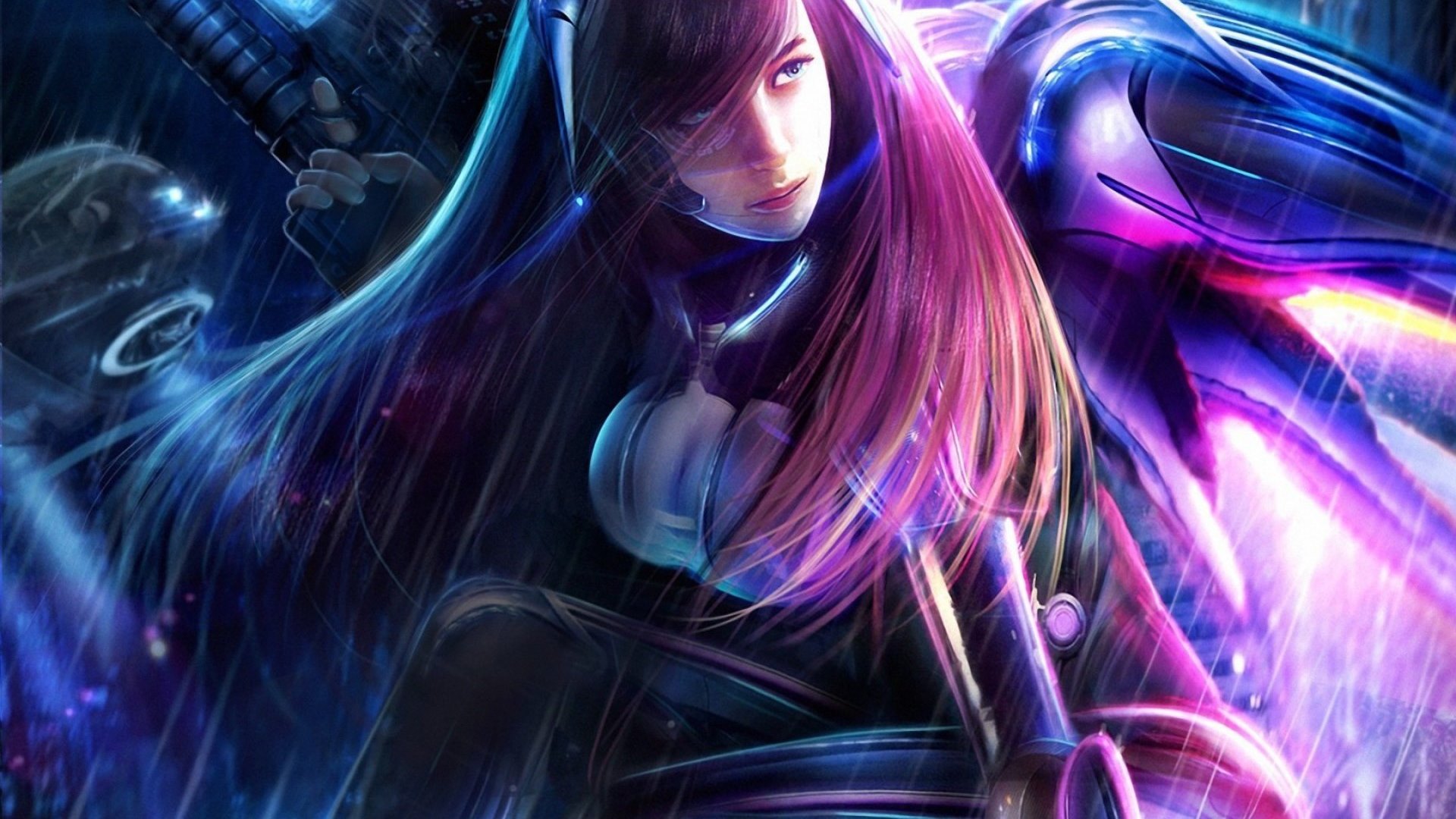 fantasy, gun, girl, rain, pink, blue, HD Wallpaper