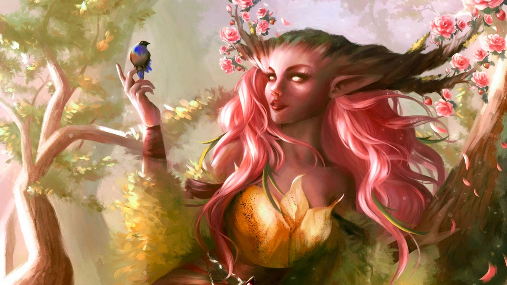 girl, bird, pasare, flower, spring, pink, art, sakura, druidess, luminos, fantasy, HD Wallpaper