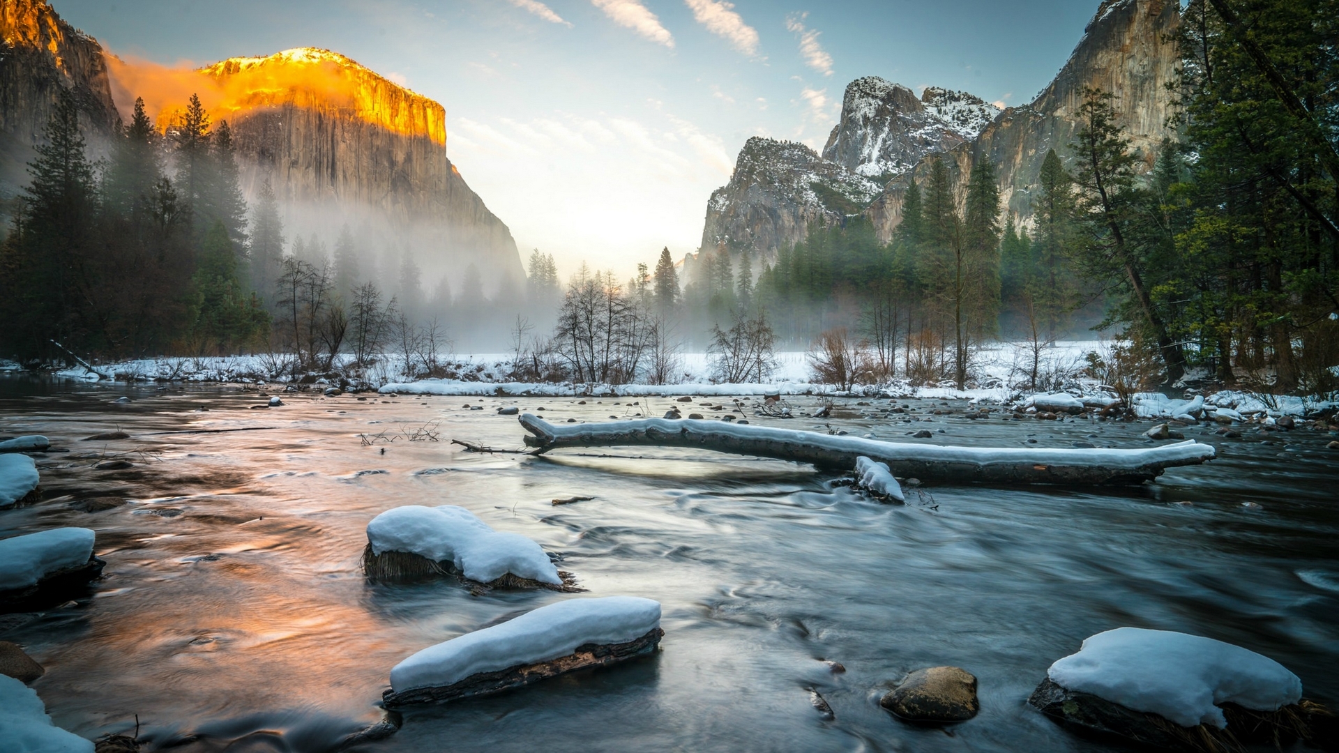 usa, snow, mountains, nature, river, sunset, HD Wallpaper