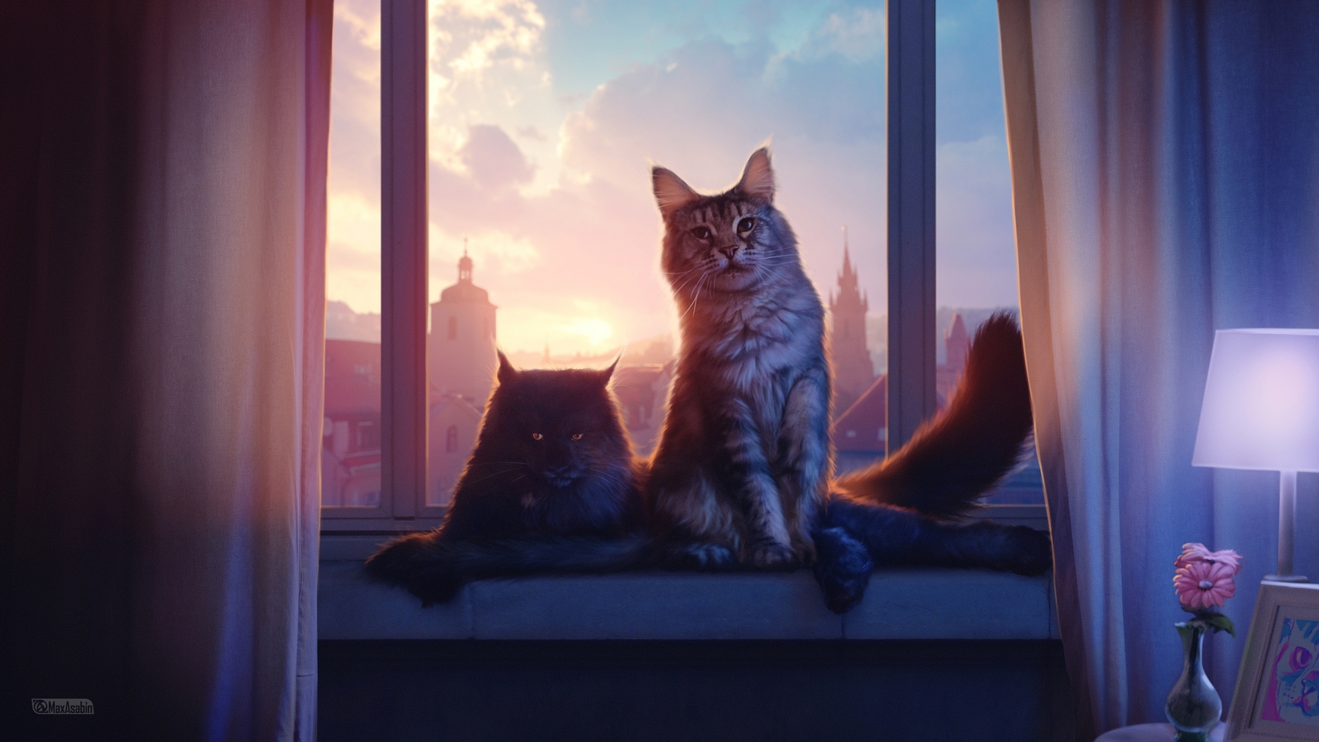 luminos, maxasabin, window, evening, sunset, pisici, cat, fantasy, pink, blue, HD Wallpaper