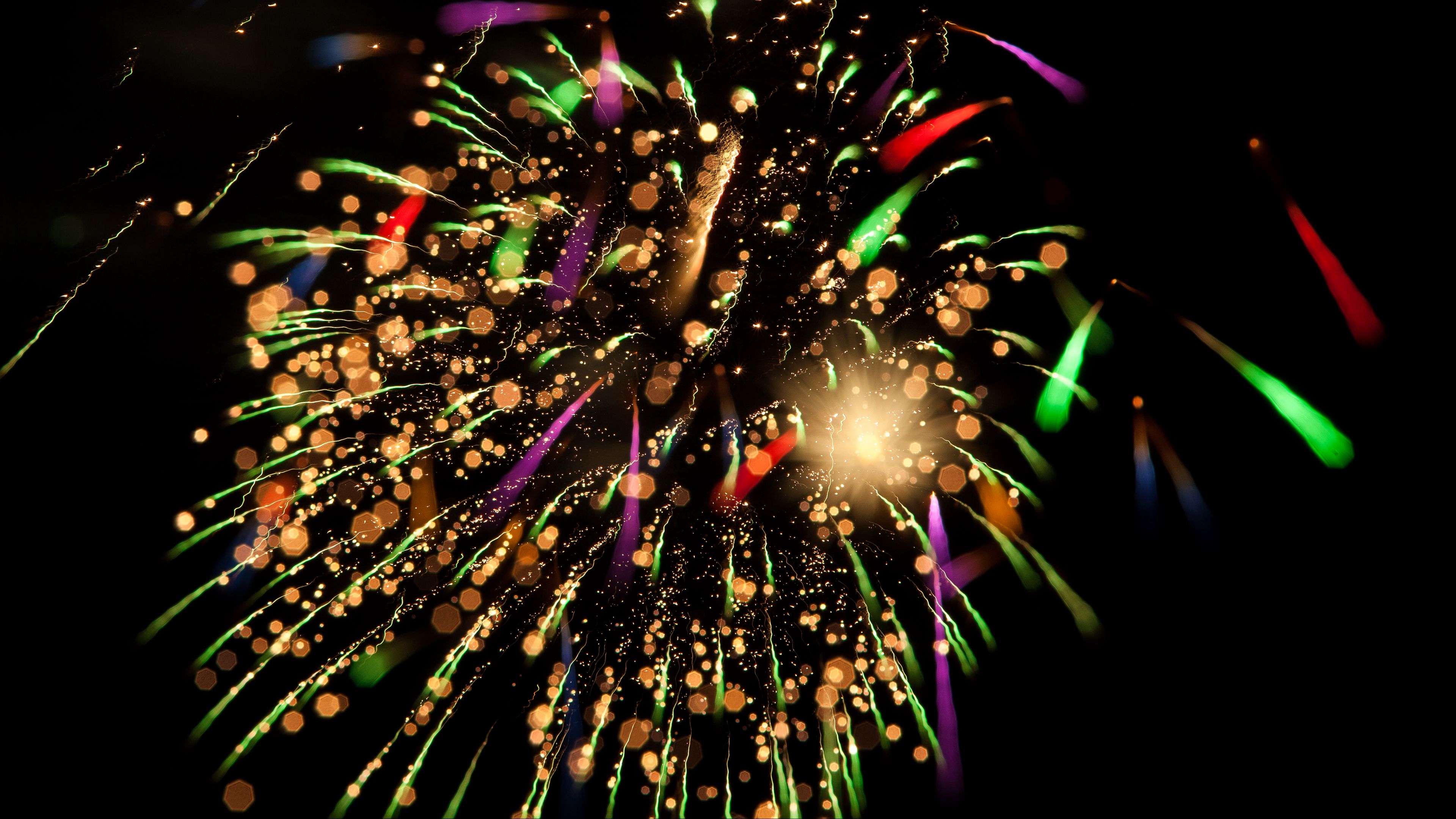 salute, fireworks, sparks, glitter, bokeh, glare, 4k, HD Wallpaper