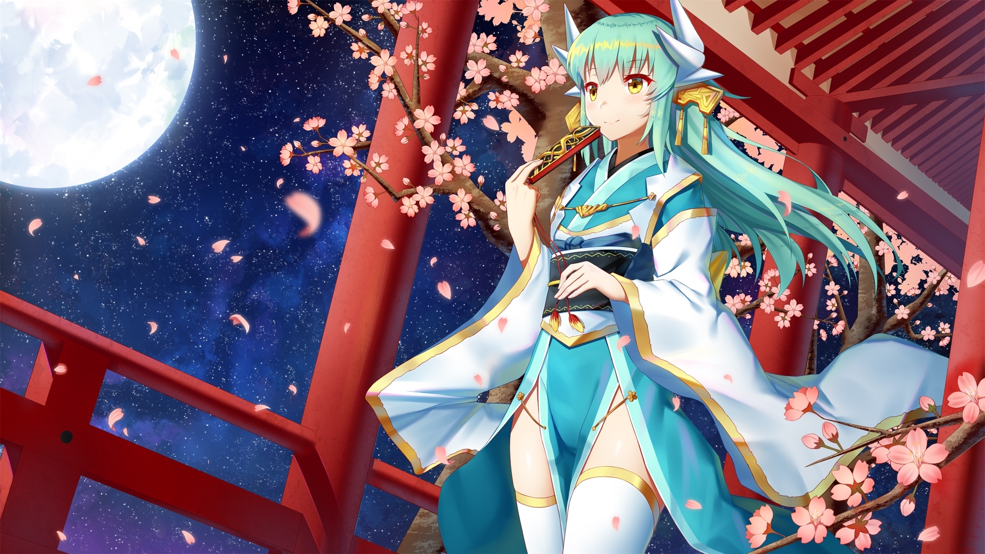 sakura, moon, luna, girl, anime, manga, spring, blue, HD Wallpaper