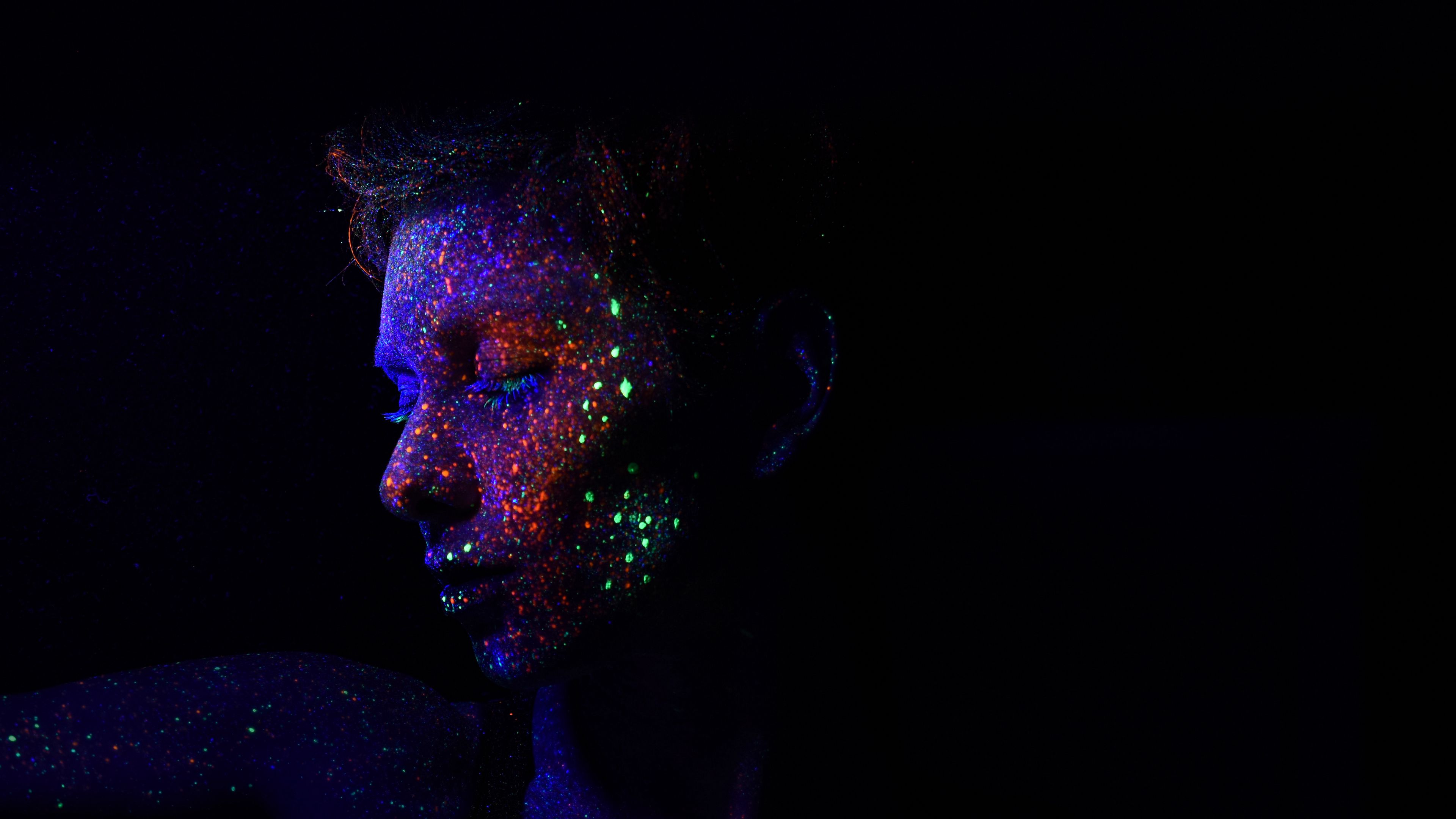 face, sequins, makeup, ultraviolet, glow, shine, 4k, HD Wallpaper
