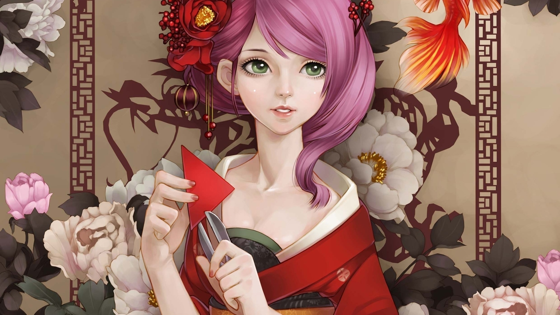 hair, pink, anime, geisha, HD Wallpaper