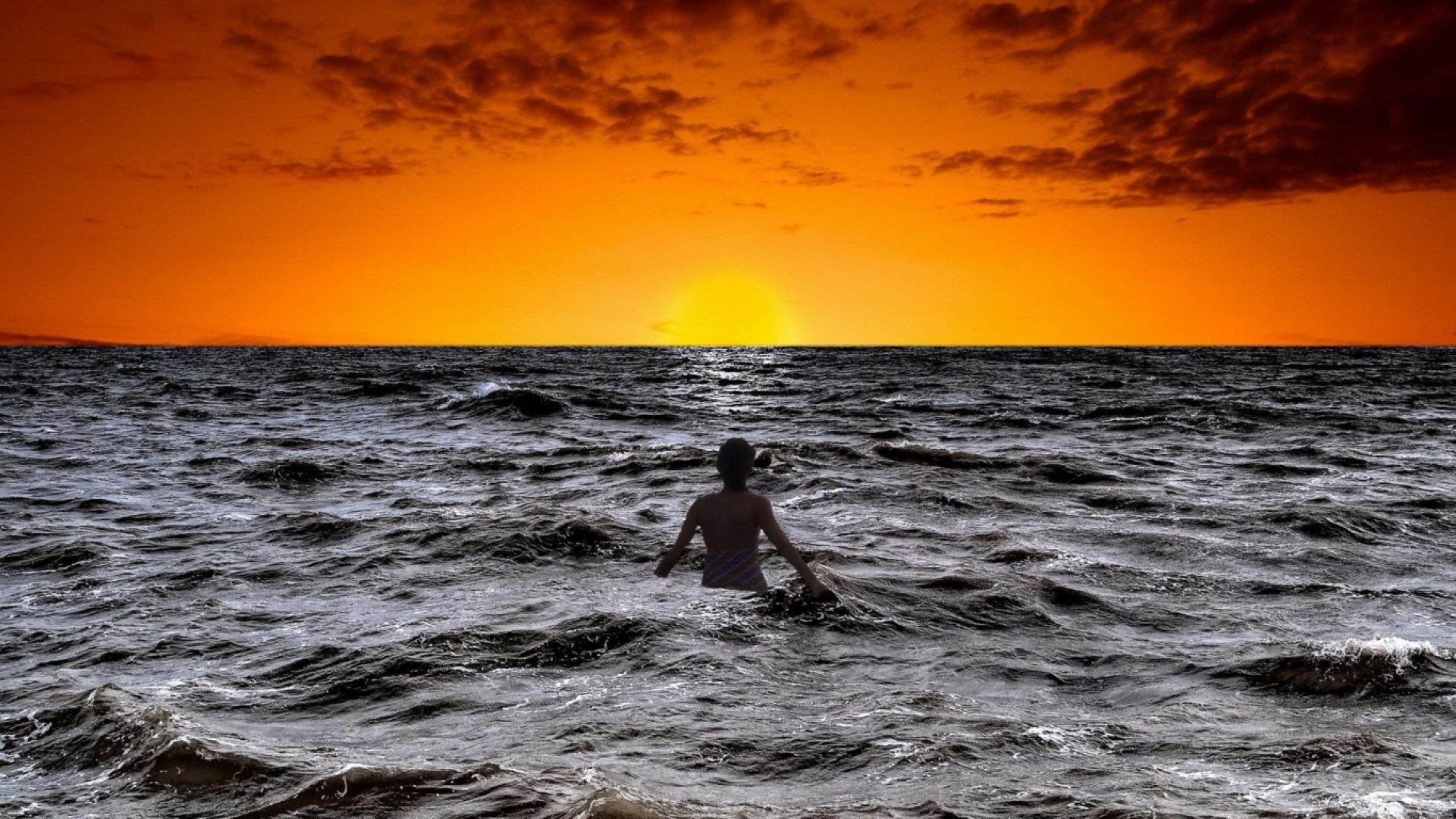 sunset, horizon, sea, bather, HD Wallpaper