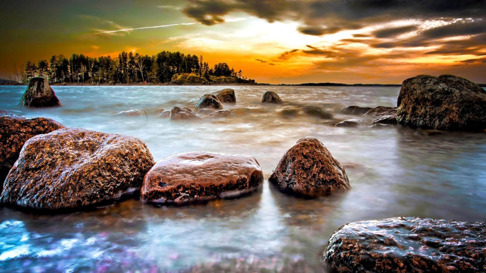 rocks, shore, hdr, sunset, trees, sea, HD Wallpaper