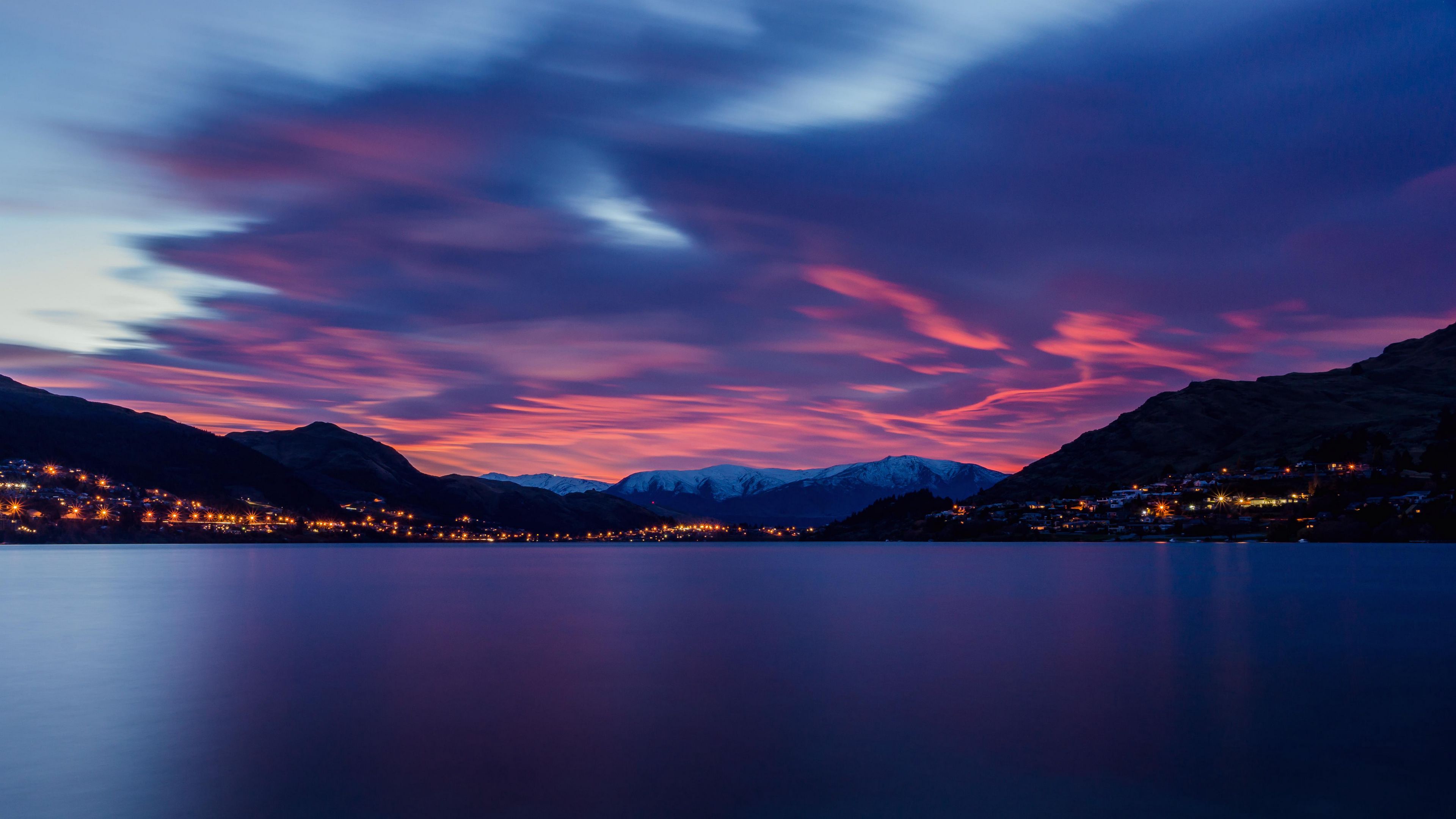 lake, dawn, mountains, horizon, landscape, 4k, HD Wallpaper