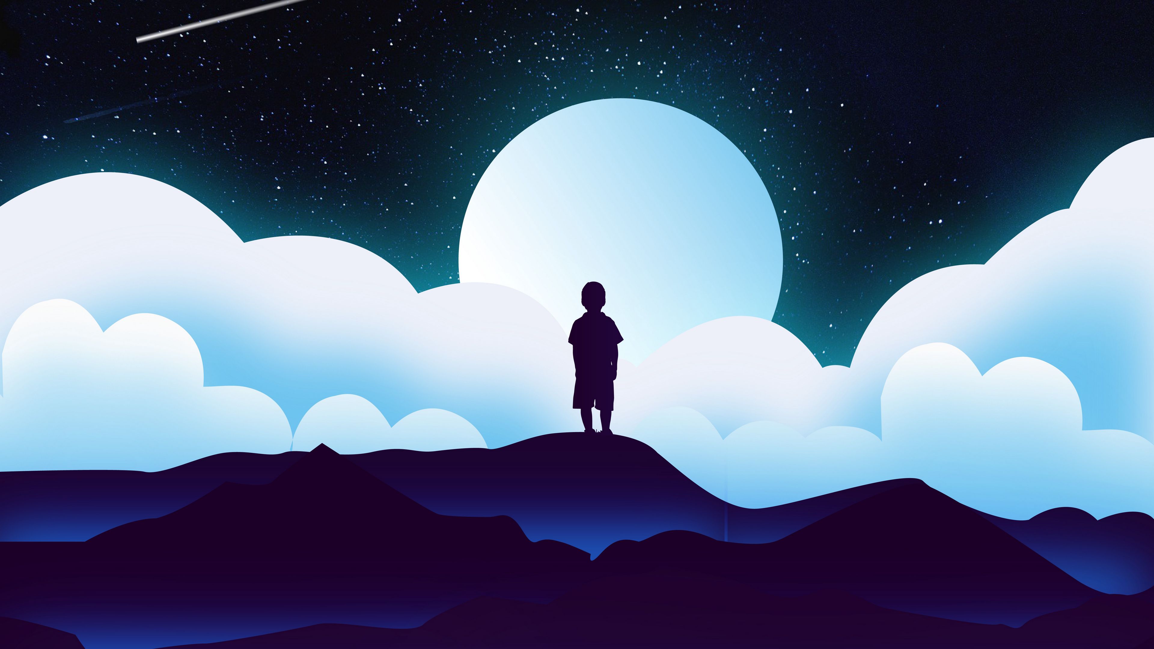 child, silhouette, space, clouds, moon, vector, 4k, HD Wallpaper