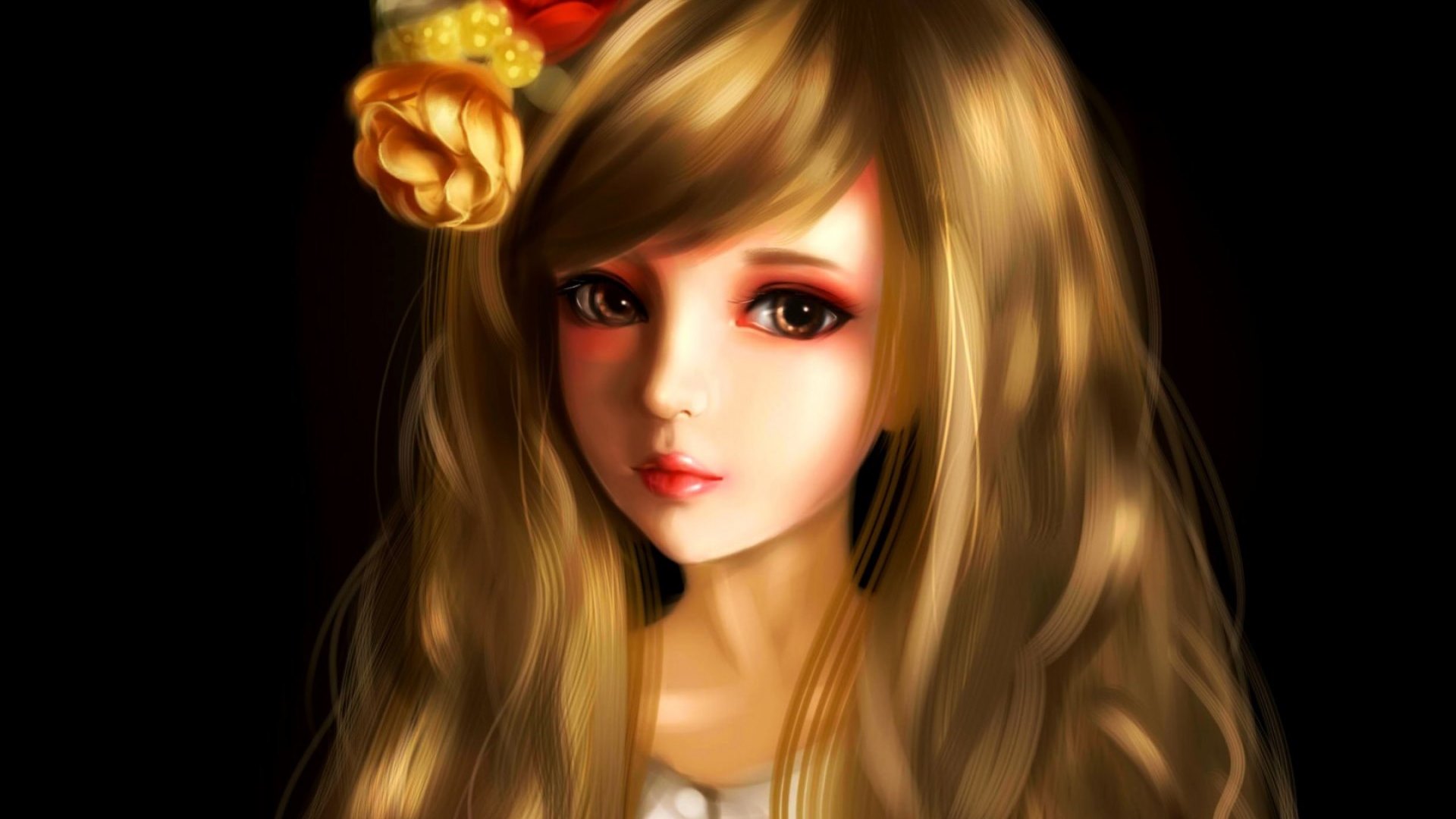 red, art, rose, black, yellow, blonde, doll, fantasy, girl, flower, beauty, HD Wallpaper