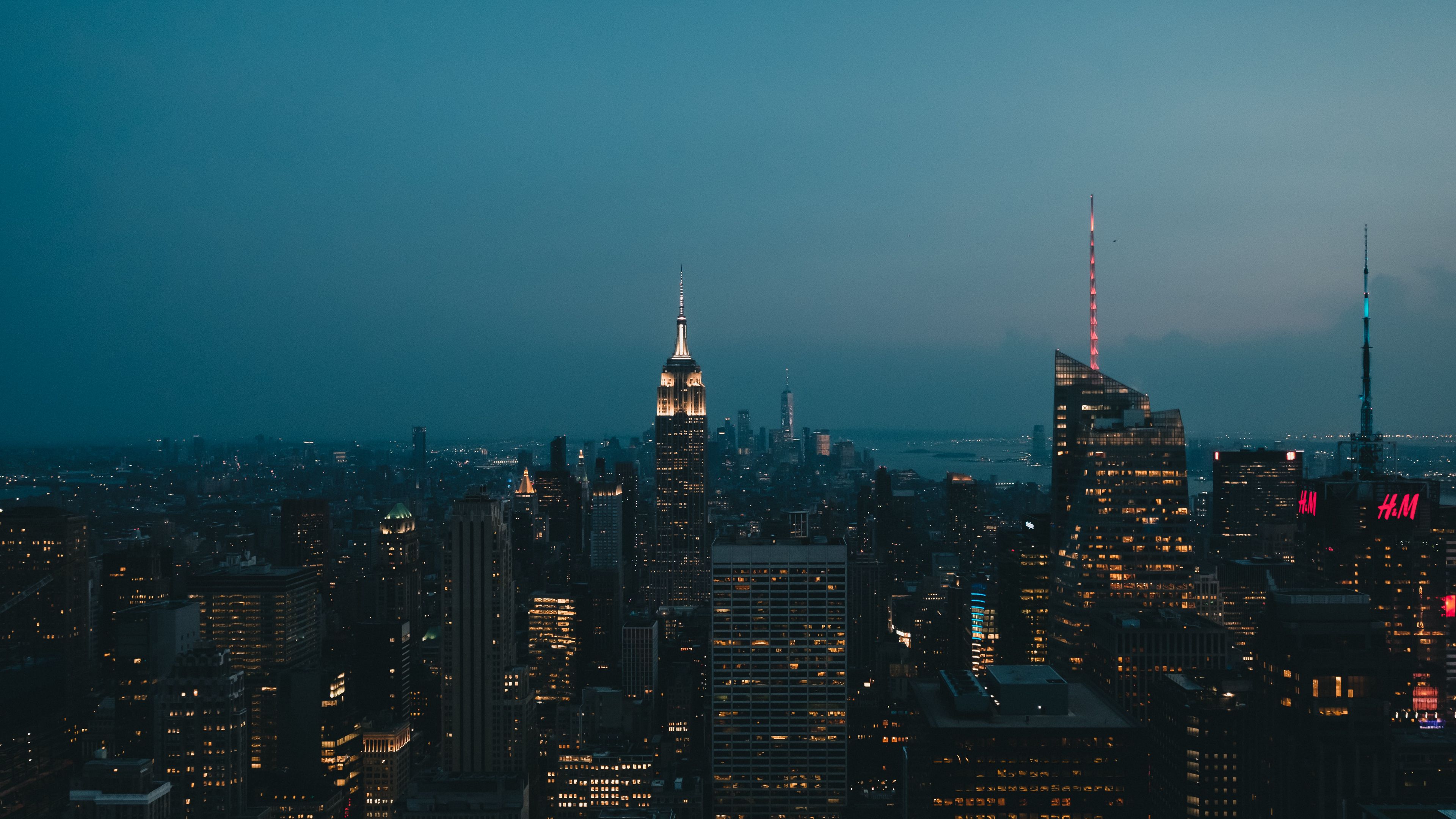 night city, buildings, tower, glow, 4k, HD Wallpaper