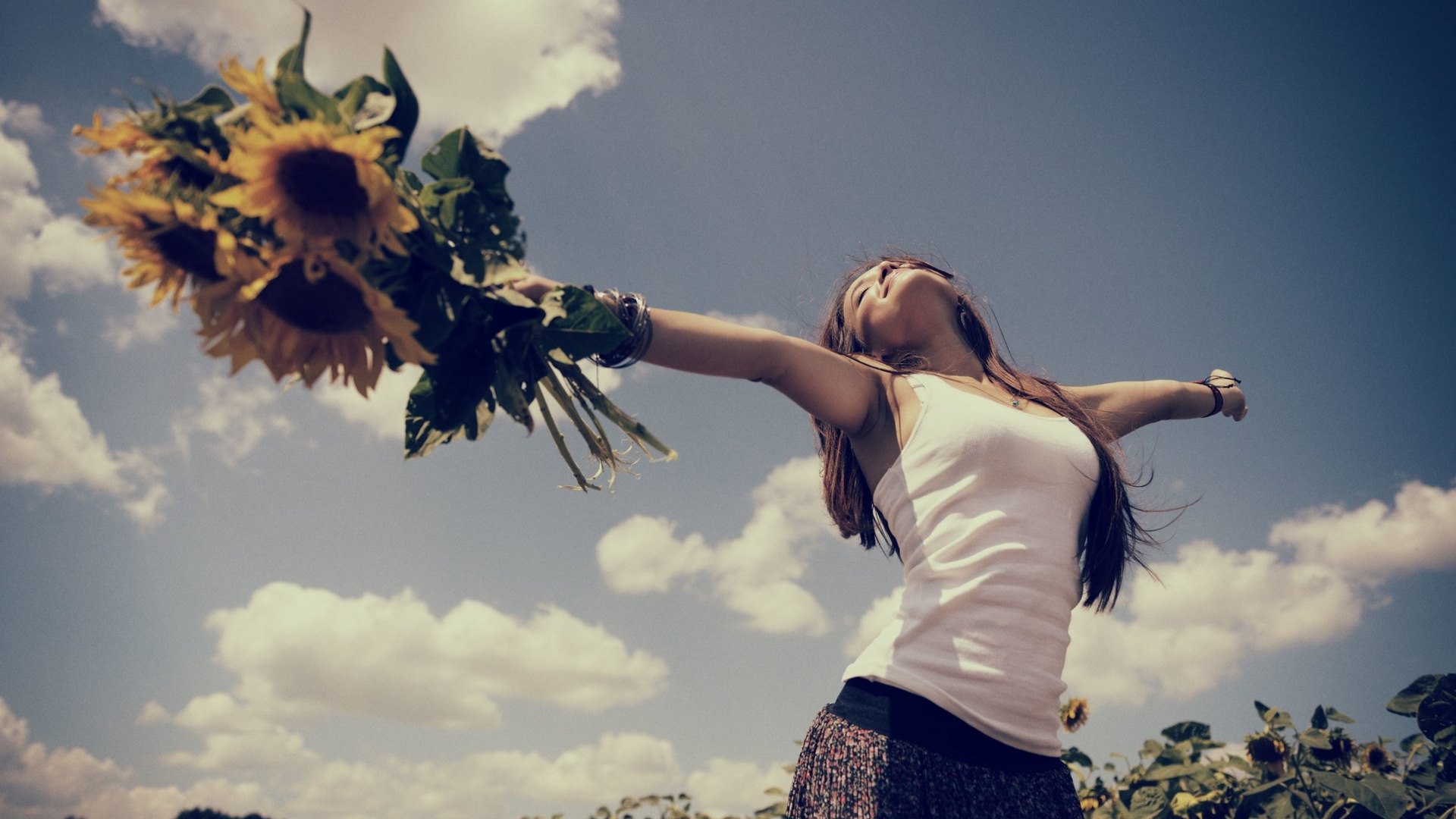flowers, smiling, clouds, woman, HD Wallpaper