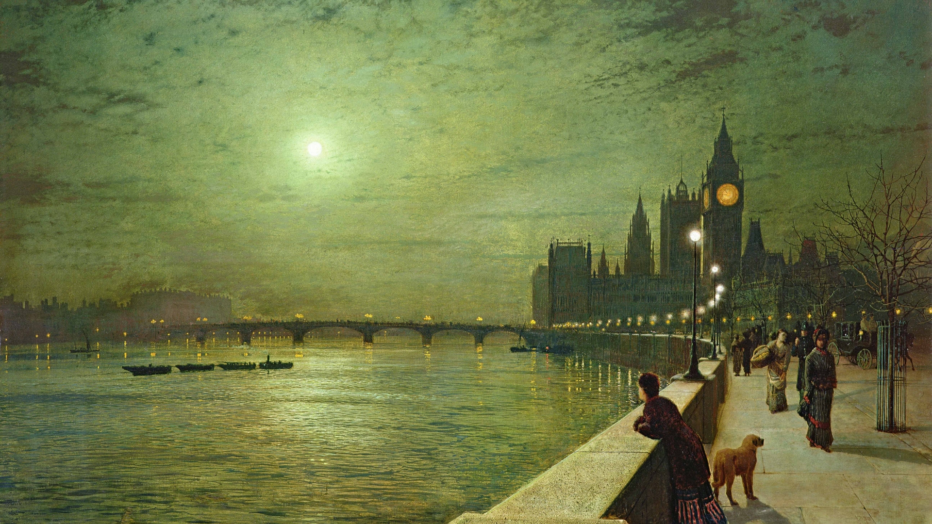 art, john atkinson grimshaw, luna, tamisa, sky, moon, green, promenade, people, painting, big ben, pictura, night, HD Wallpaper