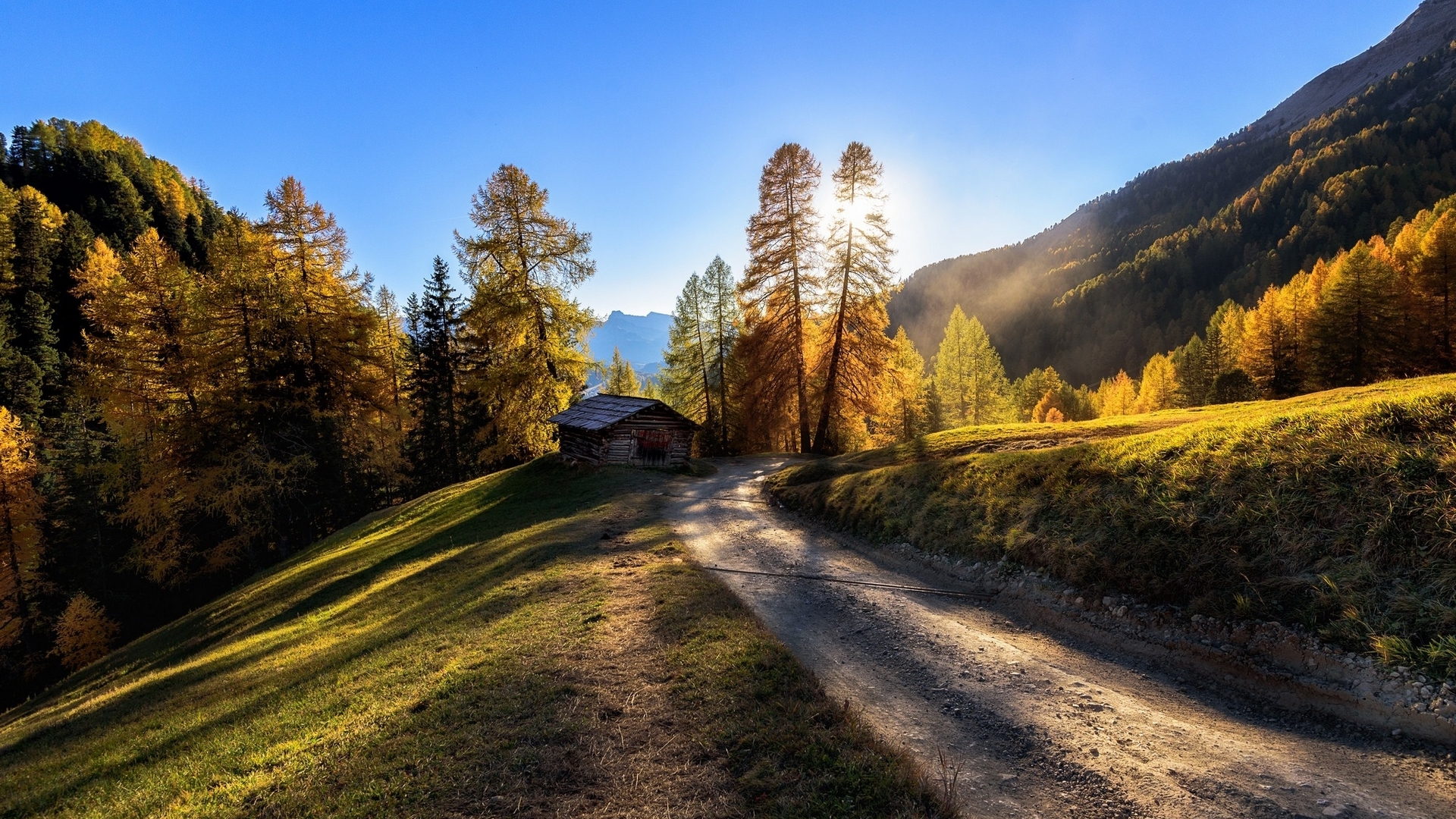 mountain, hut, autumn, italy, trees, road, HD Wallpaper