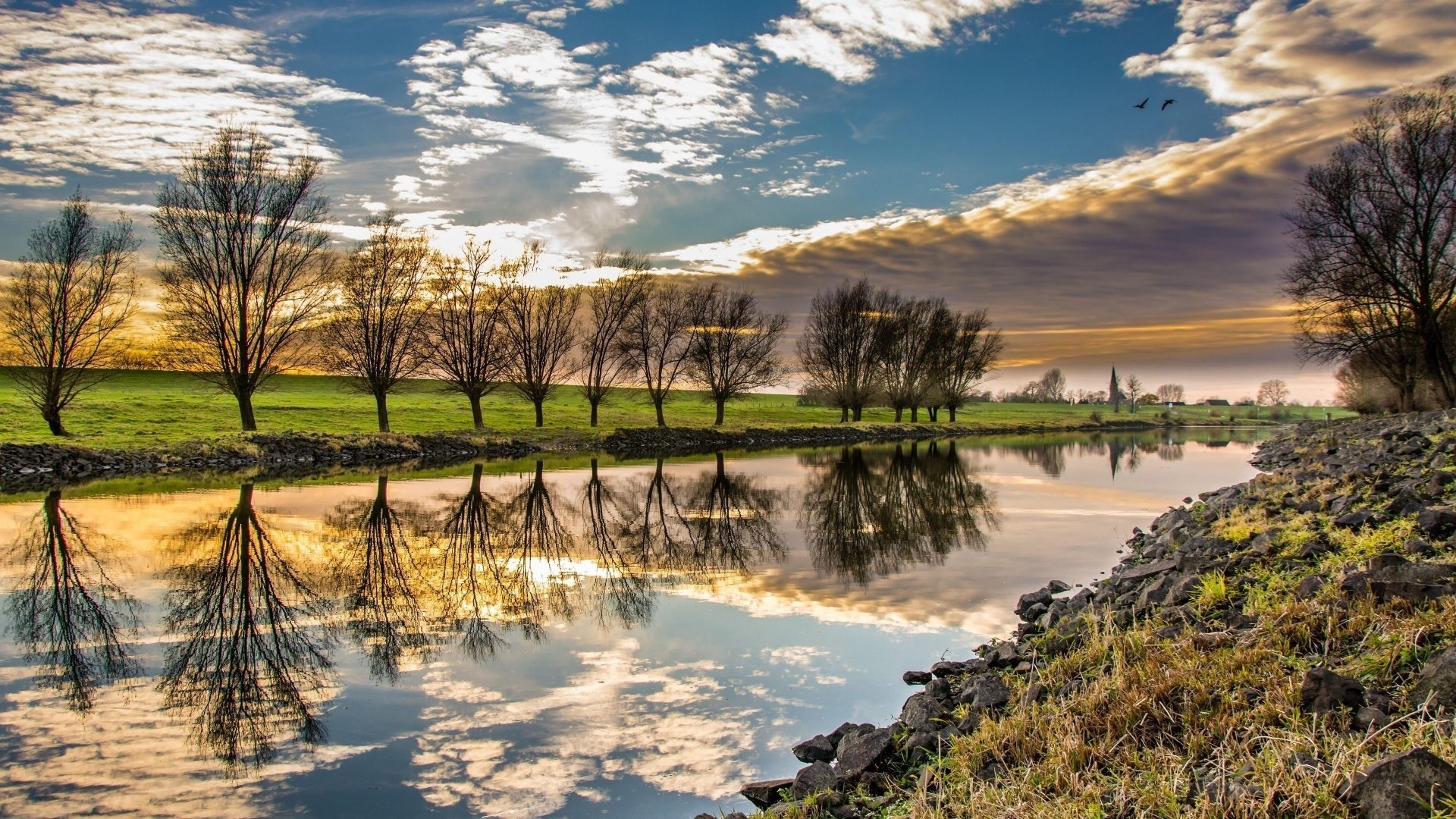 water, nature, trees, clouds, sky, reflection, landscape, HD Wallpaper