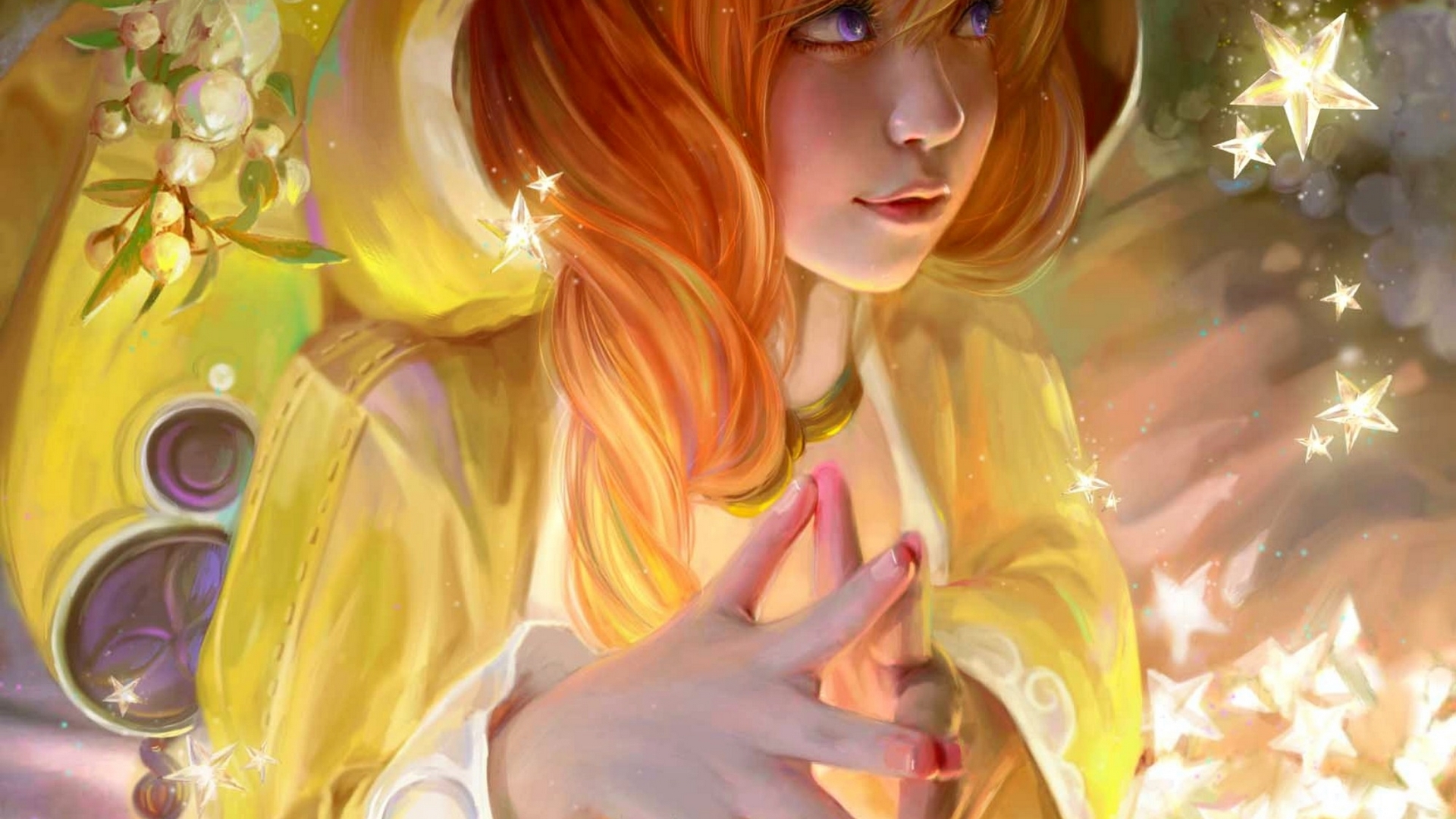 cao yuwen, art, luminos, orange, redhead, yellow, fantasy, girl, hand, star, HD Wallpaper