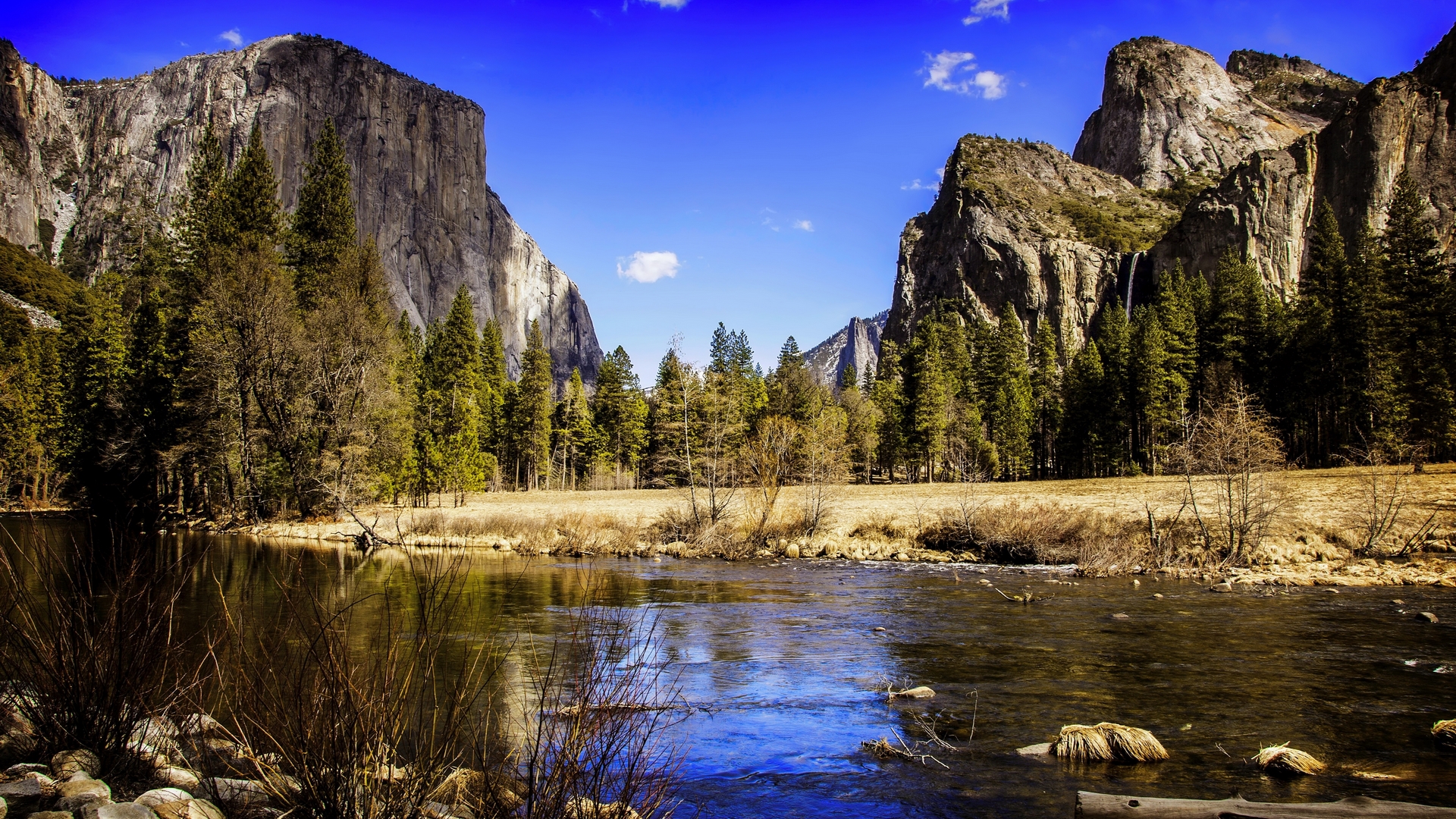 yosemite, forest, rocks, beautiful, trees, sky, lake, valley, mountain, cliffs, serenity, national park, summer, waterfall, river, reflection, HD Wallpaper