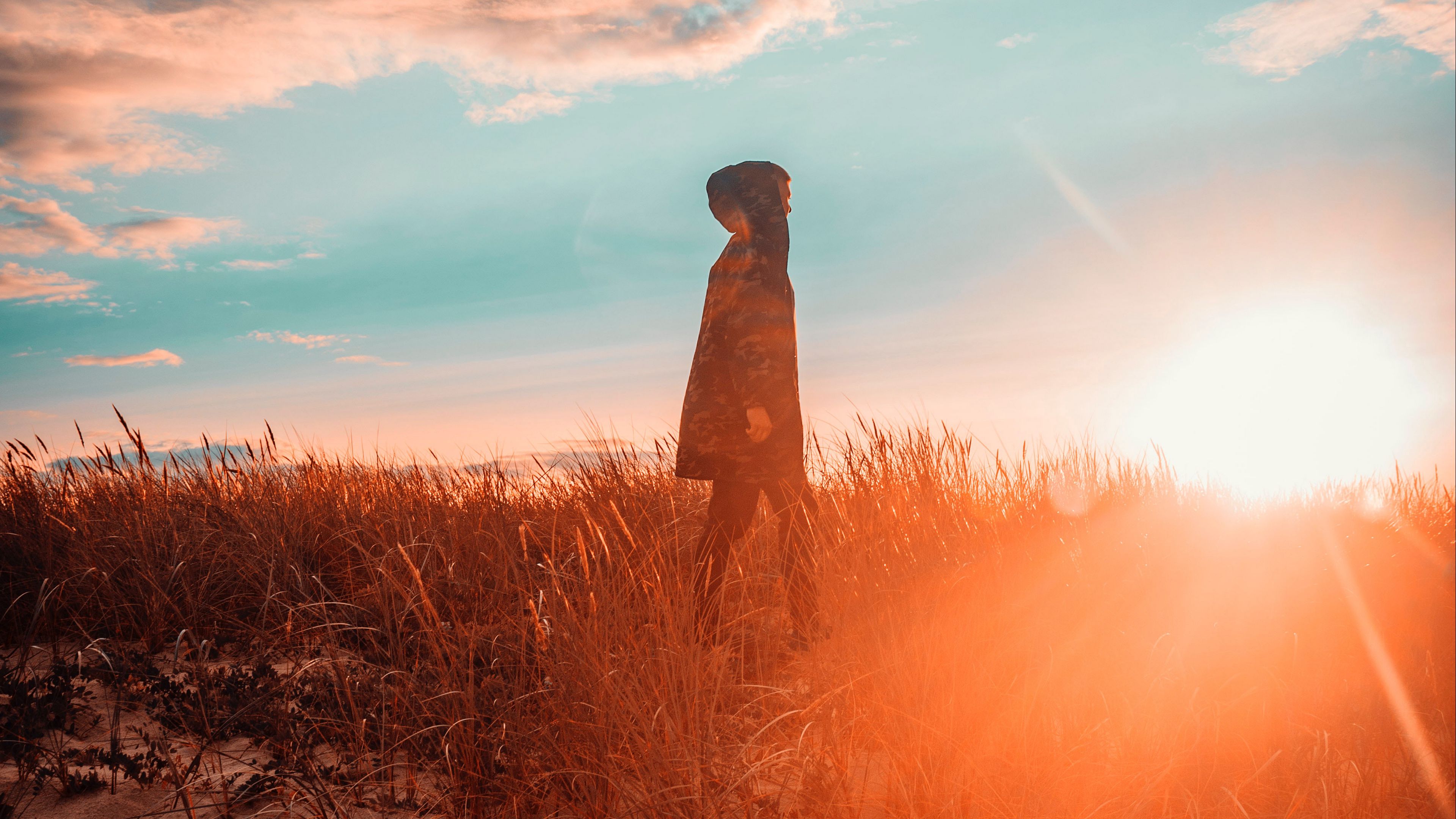 hood, loneliness, sunset, man, grass, 4k, HD Wallpaper