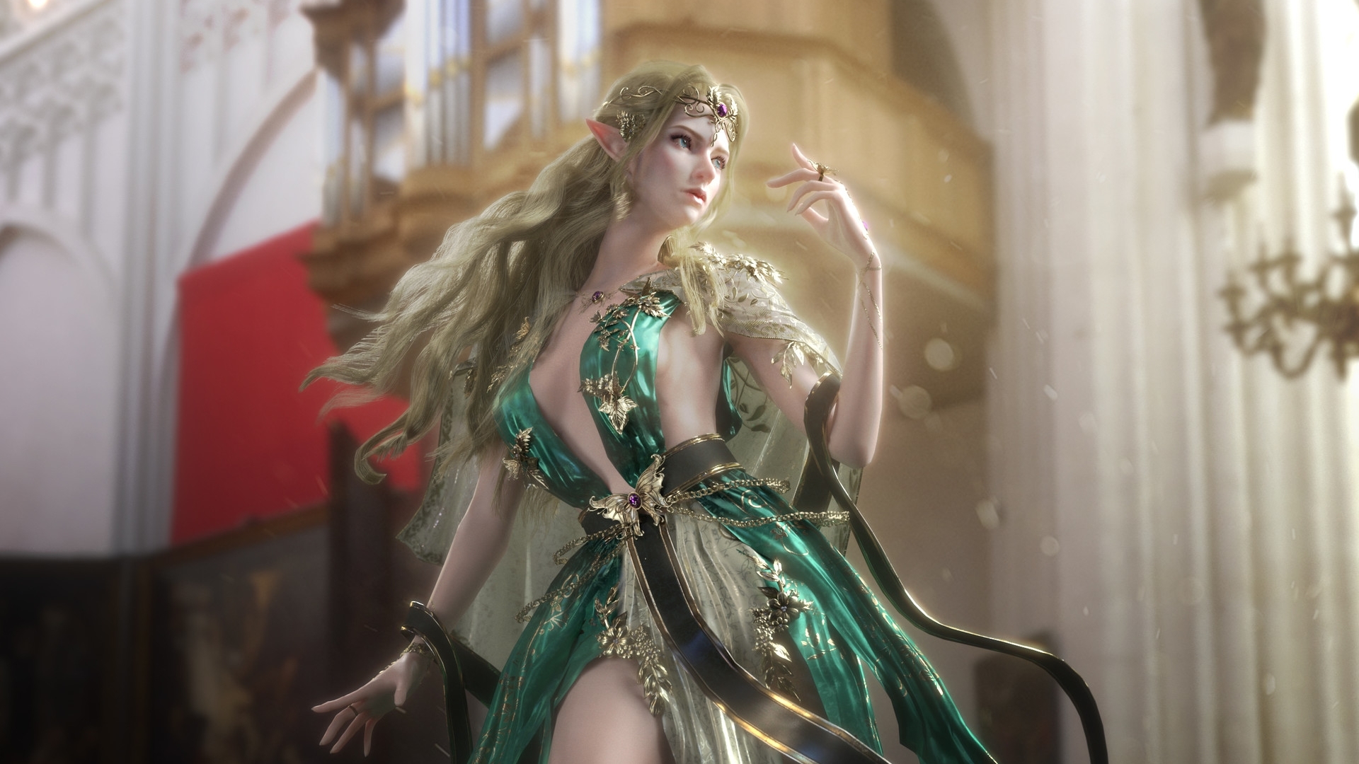 fantasy, green, luminos, girl, elf, hand, hyun sun kwon, jewel, princess, HD Wallpaper