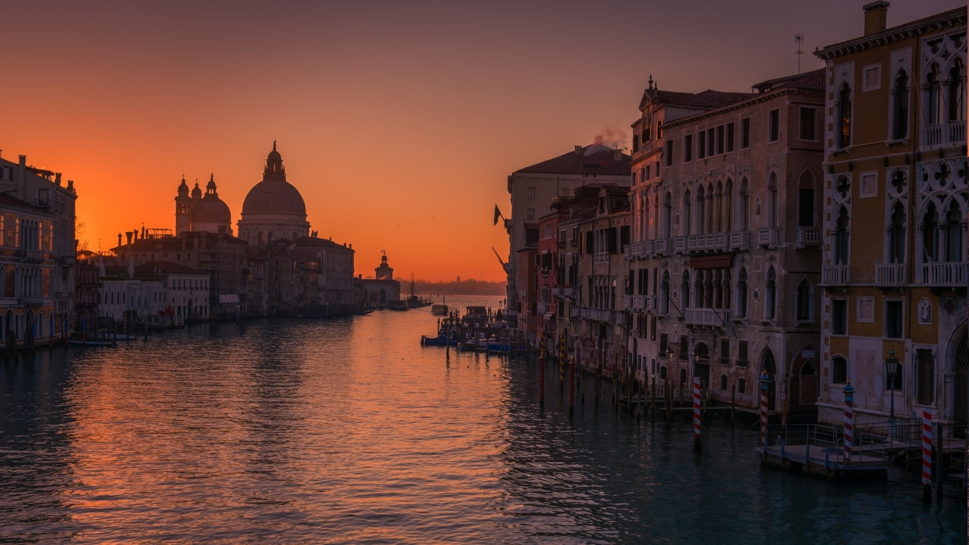 city, piers, canal, dusk, church, HD Wallpaper