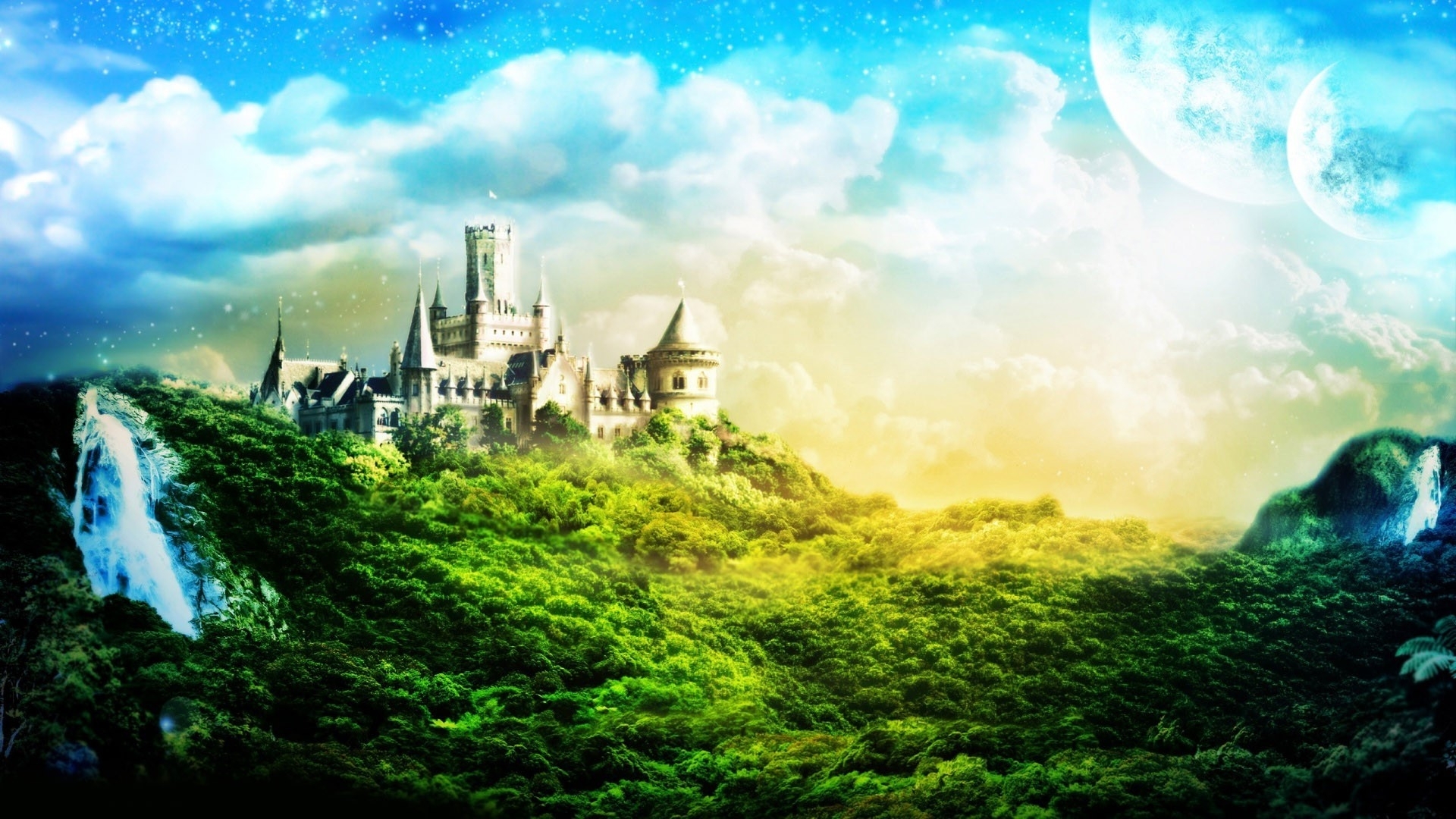 forest, green, trees, castle, sky, hill, HD Wallpaper